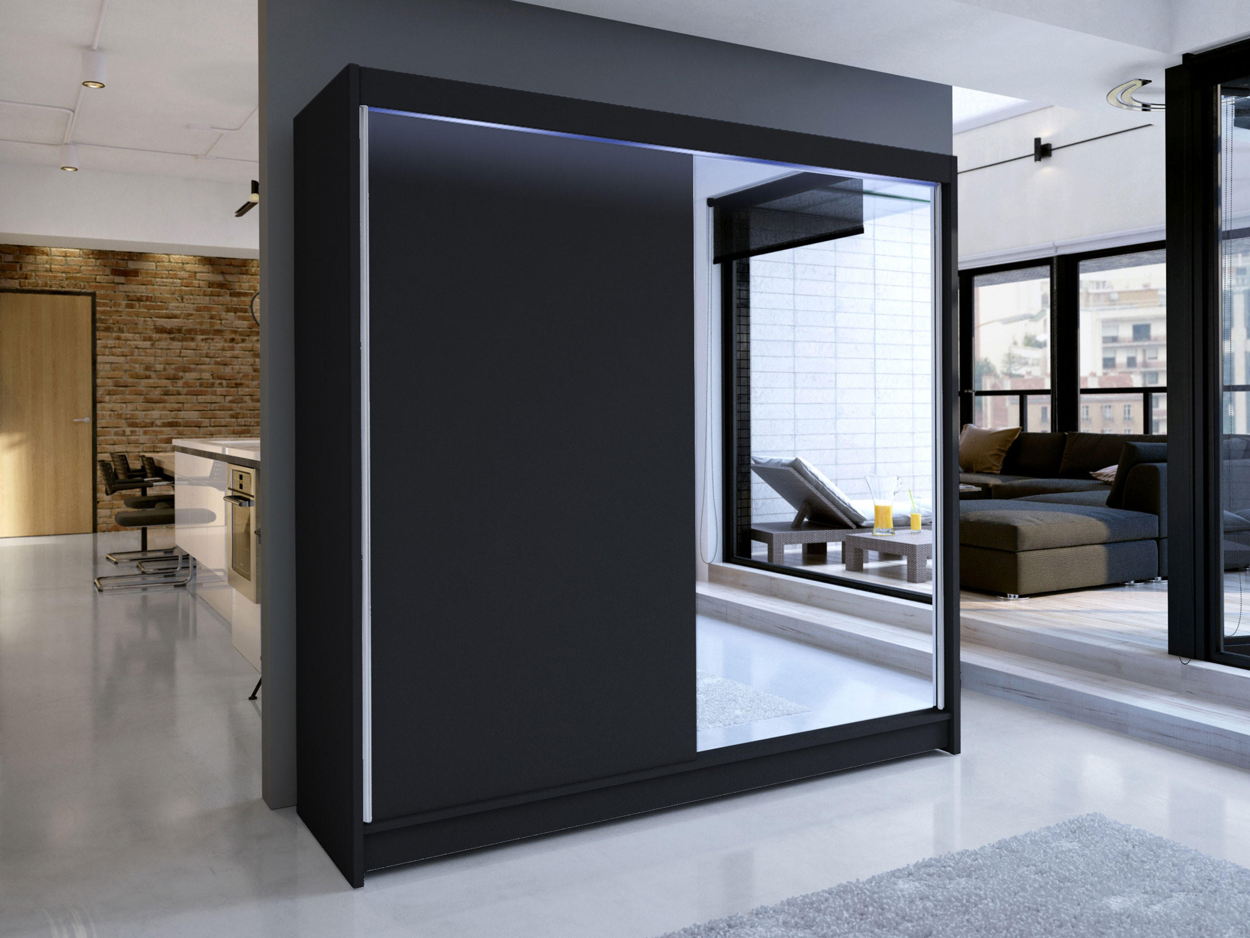 SCHWEBETÜRENSCHRANK Talin I, mit RGB LED Beleuchtung - Silberfarben/Schwarz, Holzwerkstoff/Metall (180/215/58cm) - MIRJAN24