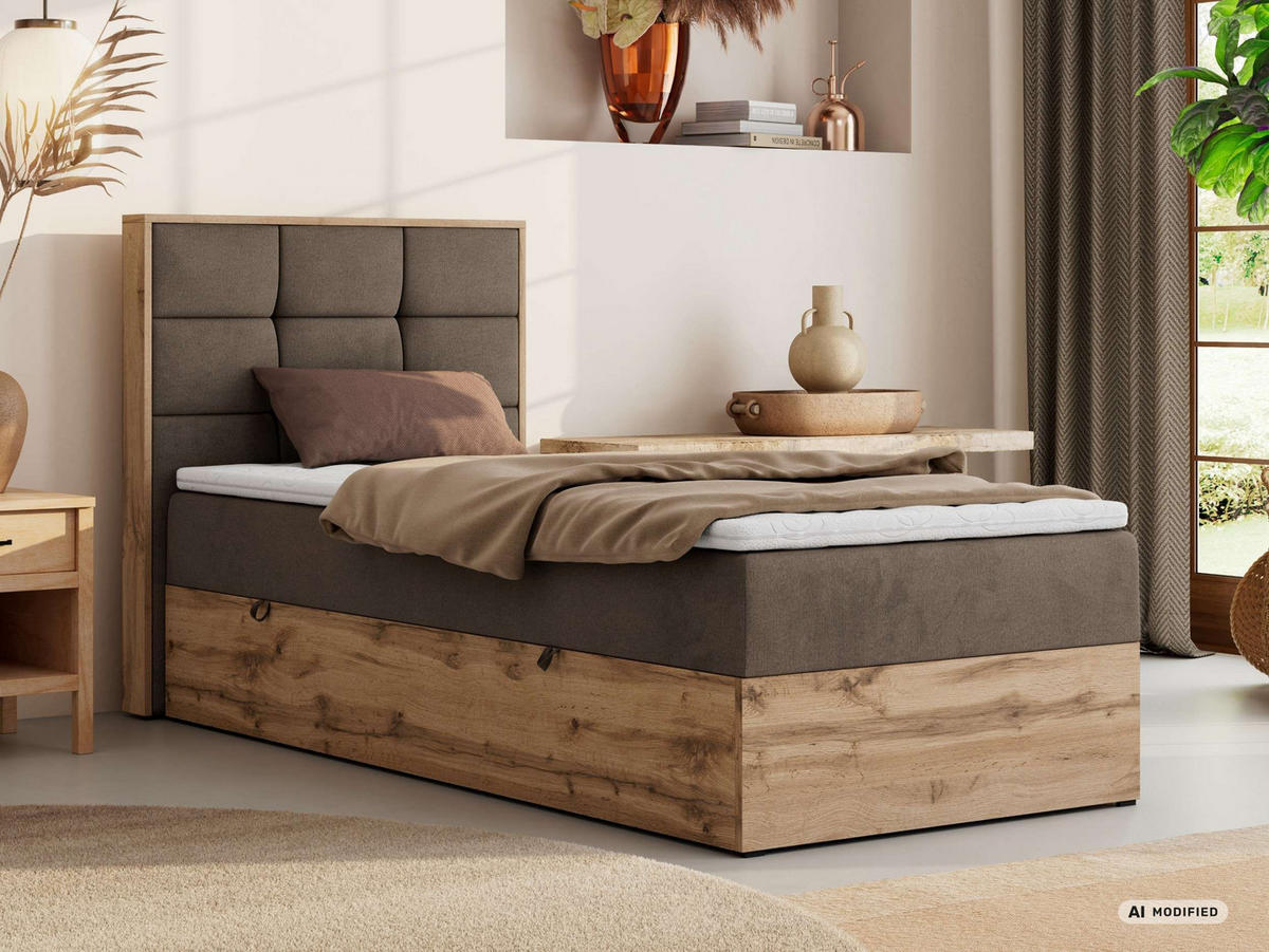 BOXBETT ALBERO 1 90/200 - Braun Velvet - Topper T25 - H3 - Links - Schwarz/Braun, Kunststoff/Textil (90/200cm) - MKS