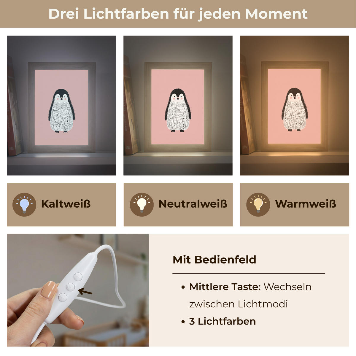 NACHTTISCHLAMPE Pinguin - Punkte - Minimalistisch - Rosa 15x20 cm - Rosa, Holzwerkstoff (8/15/20cm)