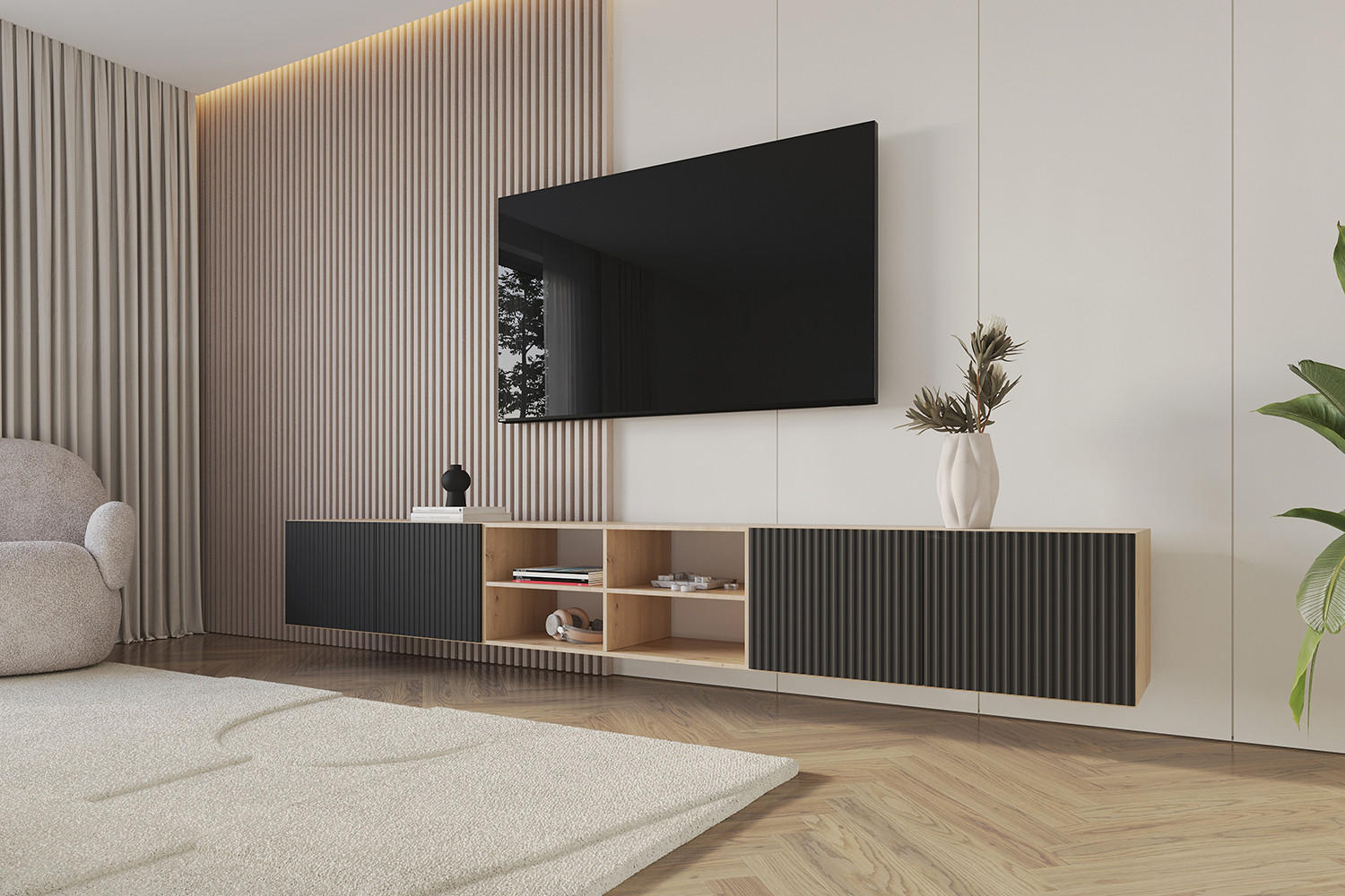 LOWBOARD NOA-2-W 3x100x40x41 cm - Artisan / Schwarz - Schwarz, Holzwerkstoff (300/40/41cm) - ALTDECOR