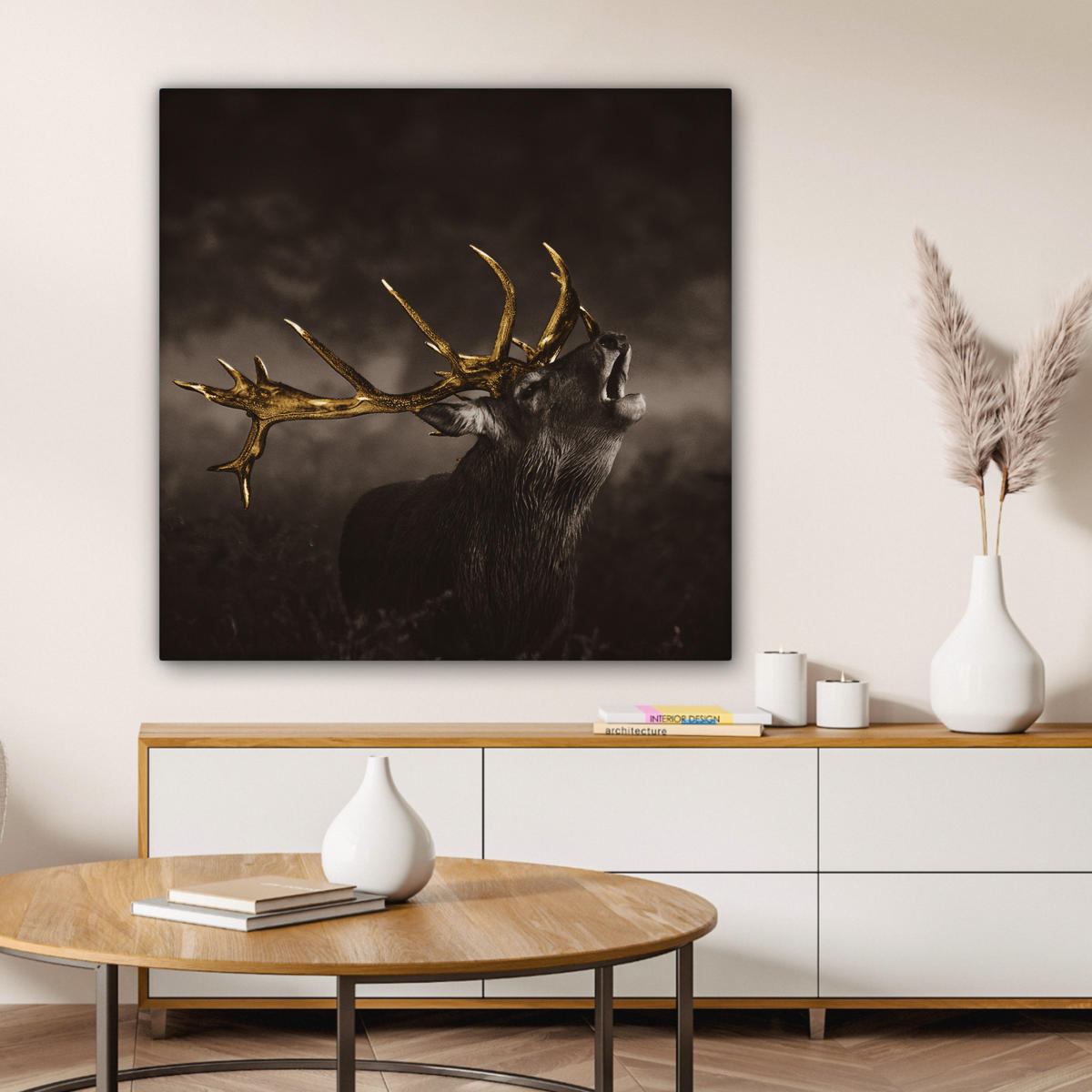 LEINWANDBILD Rotwild - Schwarz - Gold Deko Groß 90x90 cm - Braun, Textil (90/90cm) - MuchoWow