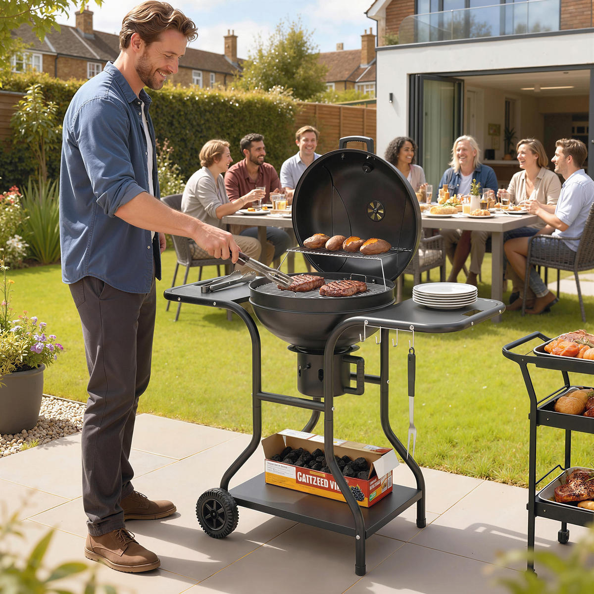 HOLZKOHLEGRILL mit Seitentischen Metall Schwarz - Schwarz, Metall (63.5/106.5/129cm) - Outsunny