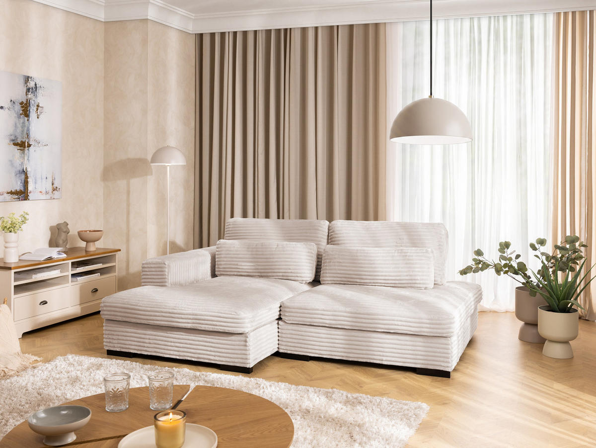 ECKSOFA Wolke mit tiefer Sitzfläche, Schlaffunktion und praktischem Bettkasten aus weichem Hellbeige Cordstoff - Beige/Schwarz, Holz/Kunststoff (162/225cm) - S-Style