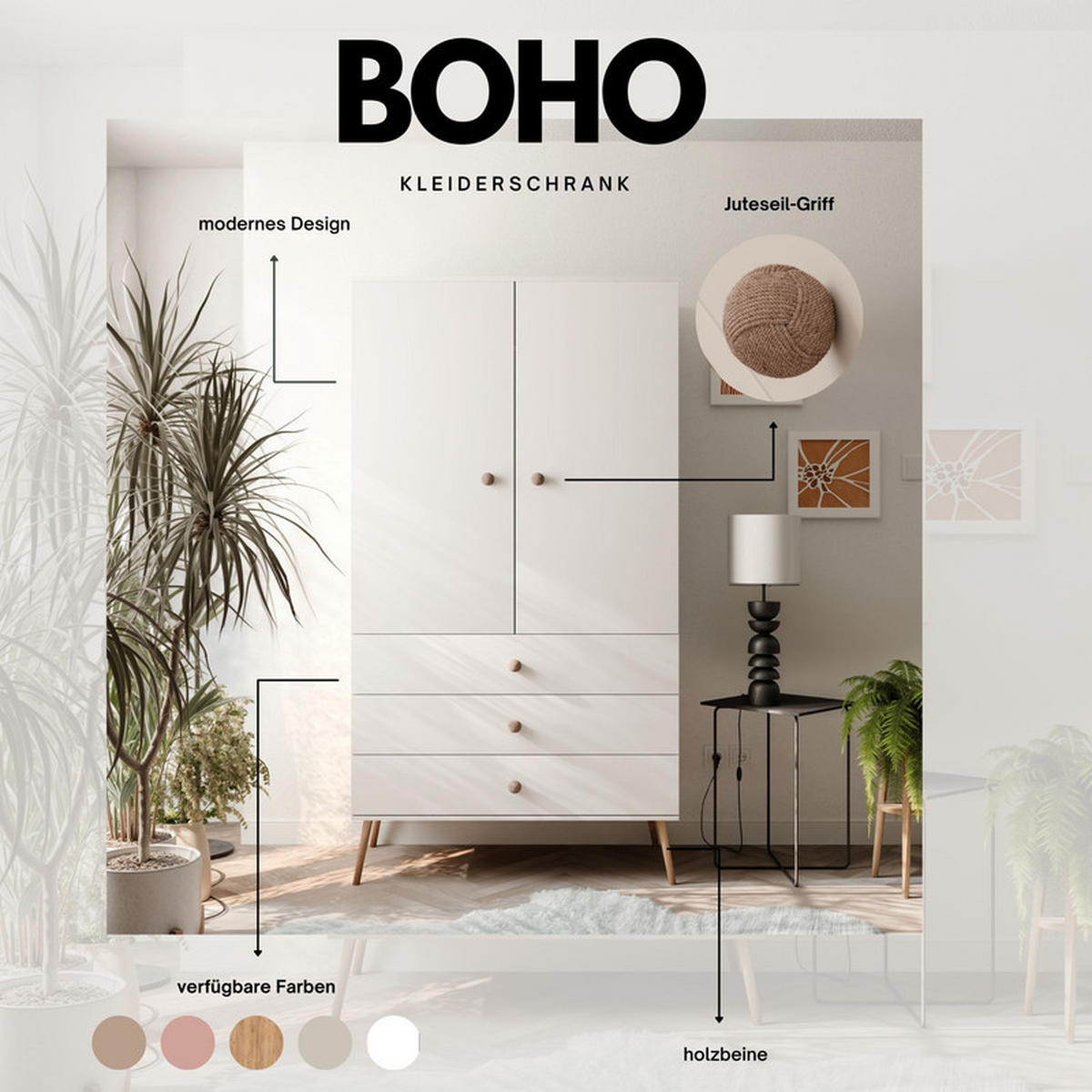 DREHTÜRENSCHRANK VALERIO 2-türig 100/52/202 cm Weiß - Weiß, Naturmaterialien/Holz (100/202/52cm) - Idohome