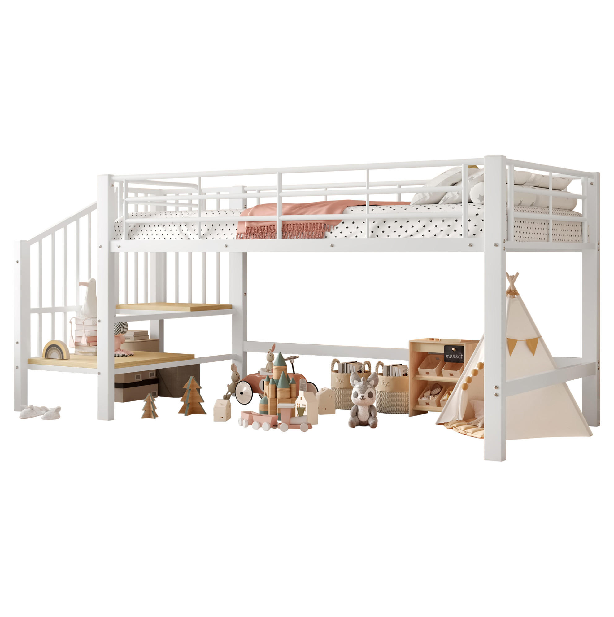 HOCHBETT Halbhohes Hochbett 90/200 cm aus MDF und Metall mit Stauraumtreppe Weiß - Weiß, Holzwerkstoff (90/200cm) - Modenvie