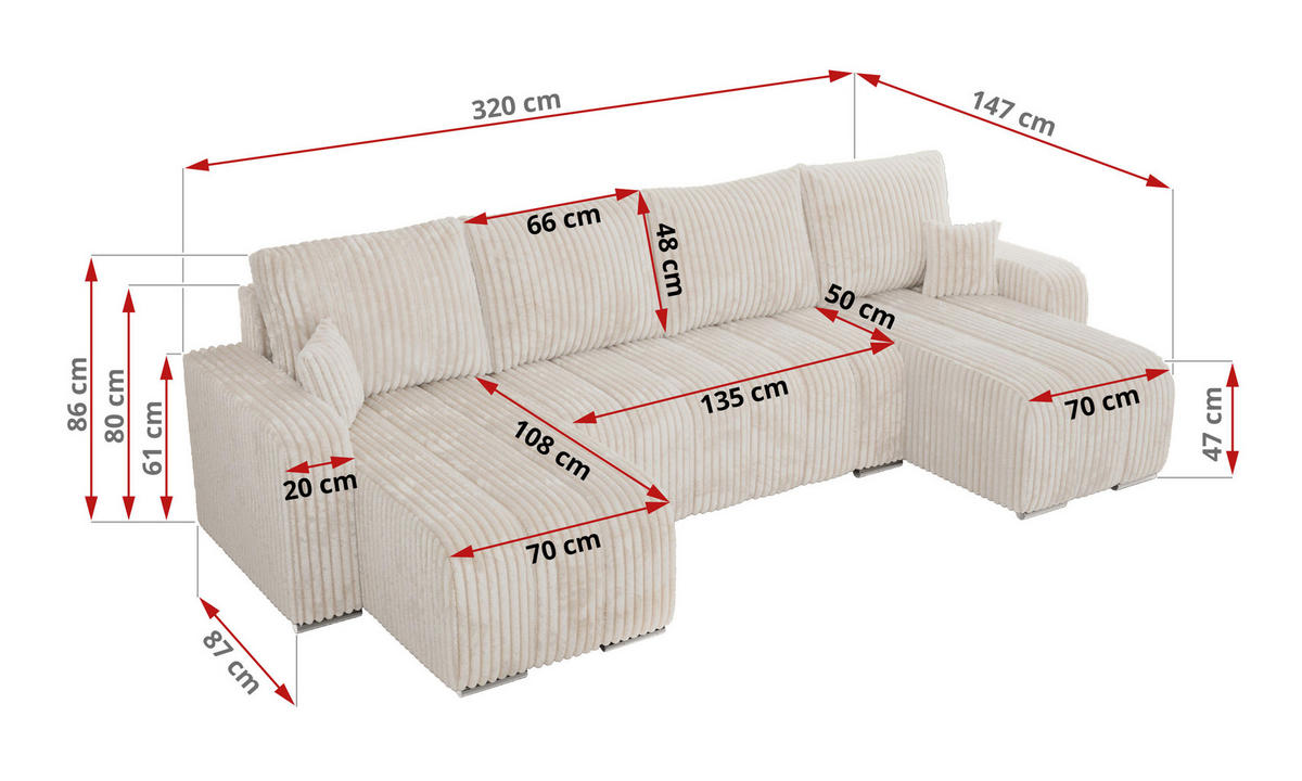 WOHNLANDSCHAFT KIRASSO U Beige Cord - Beige/Grau, Textil/Metall (320/86/147cm) - MKS