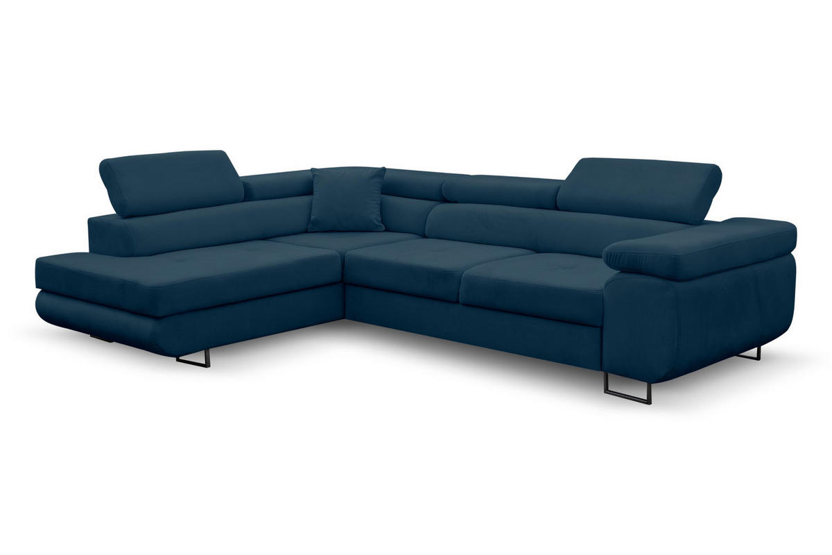 ECKSOFA Jerry in L-Form mit Schlaffunktion und Bettkasten, Farbe: Blau, Veloursstoff, Ottomane Links - Blau, Textil (202/275cm) - VENASI MÖBEL