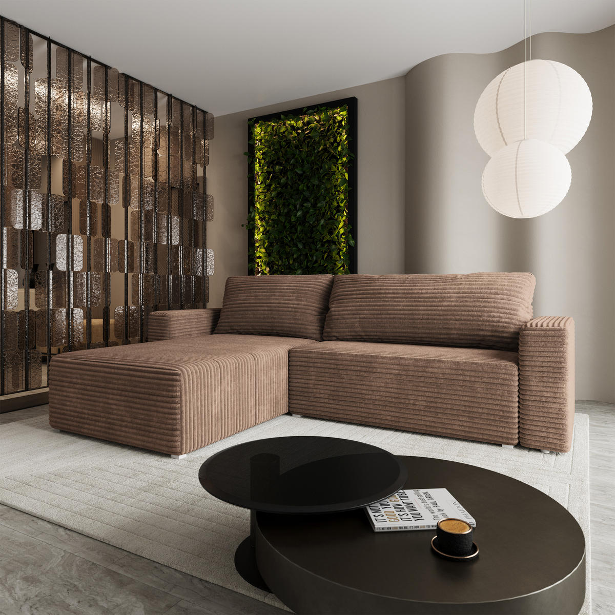 ECKSOFA CALTI T Beige Kordstoff mit Schlaffunktion - Beige, Holzwerkstoff/Textil (283/183cm) - MASSENO