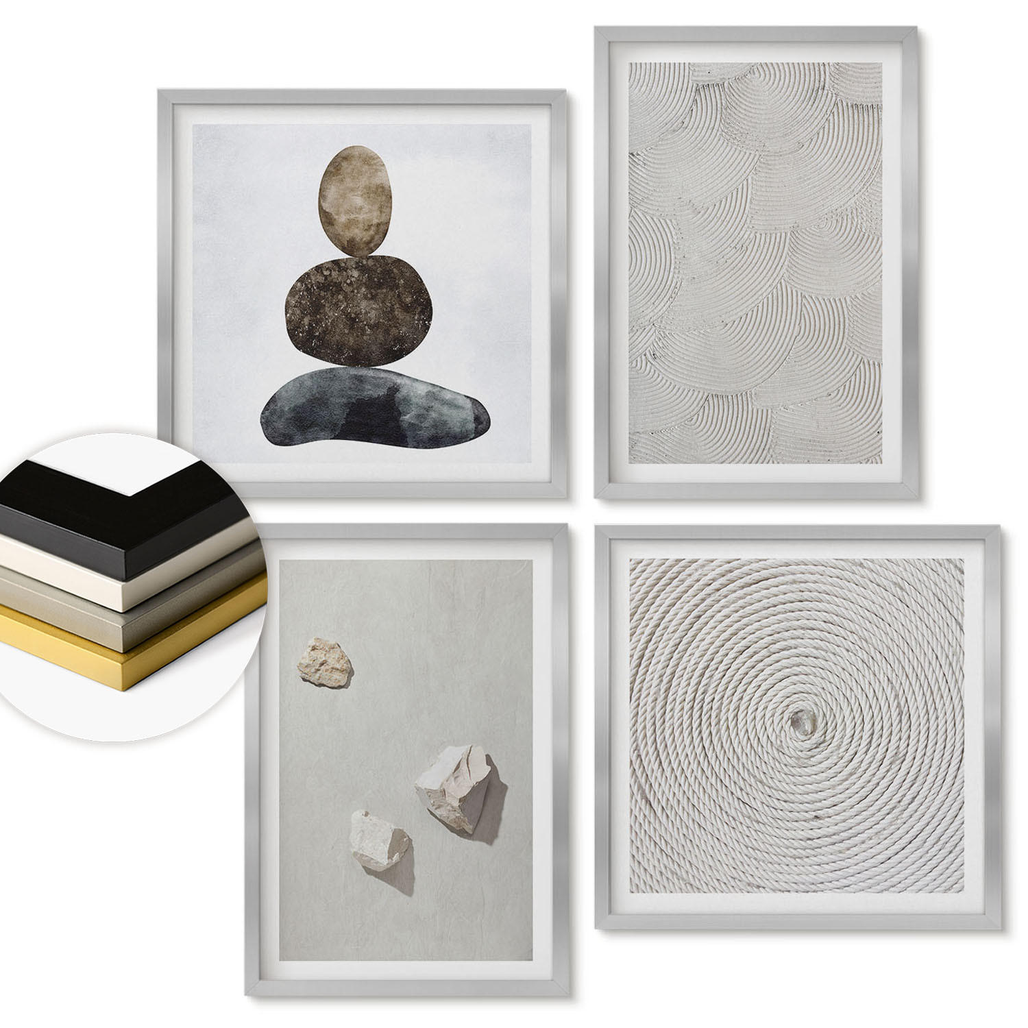 WANDBILDER 4er Set - 50x50 cm & 40x60 cm Silberner Rahmen - Sandsteine moderne Farbe - Silberfarben, Kunststoff (50/50cm) - ArtPrintCave