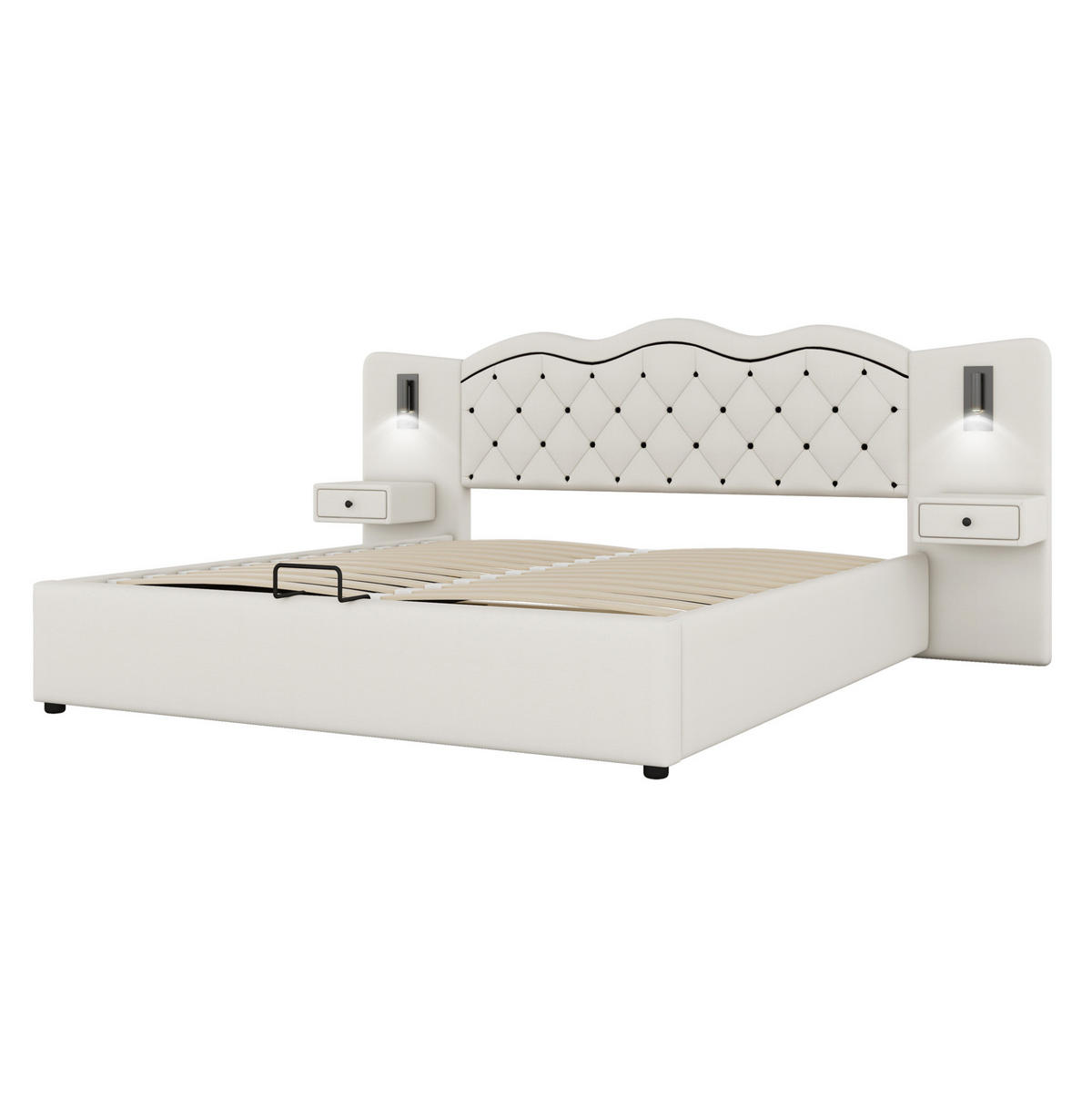 POLSTERBETT 180/200 cm Beige mit Stauraum, USB-Anschlüssen und Beleuchtung - Beige, Textil (180/200cm) - Flora Grace