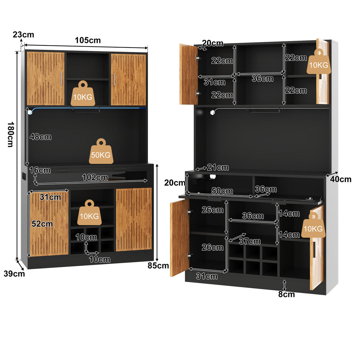 KÜCHENSCHRANK Vorratsschrank mit RGB-LED Steckdosen Glas-Klapptür & Weinregal 180cm - Naturfarben, Holzwerkstoff (105/180/40cm) - Urban Meuble