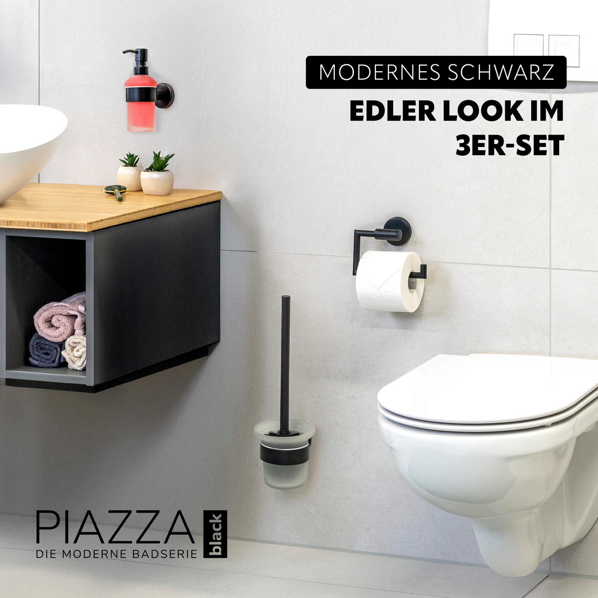 BADEZIMMER-ZUBEHÖR-SET PIAZZA BLACK 3tlg, Edelstahl, schwarz - Schwarz, Metall (14.5/35/11.5cm) - bremermann