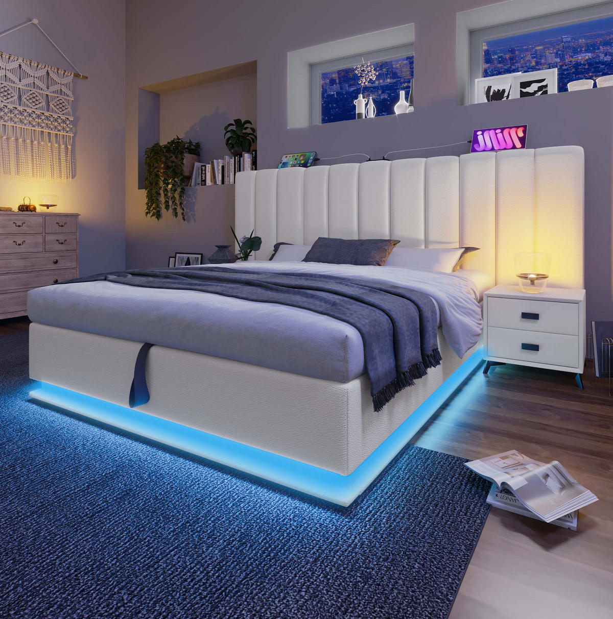 BETT mit Stauraum 180x200 cm PU Weiß inklusive Matratze - Weiß, Metall (180/200cm) - Meubliv