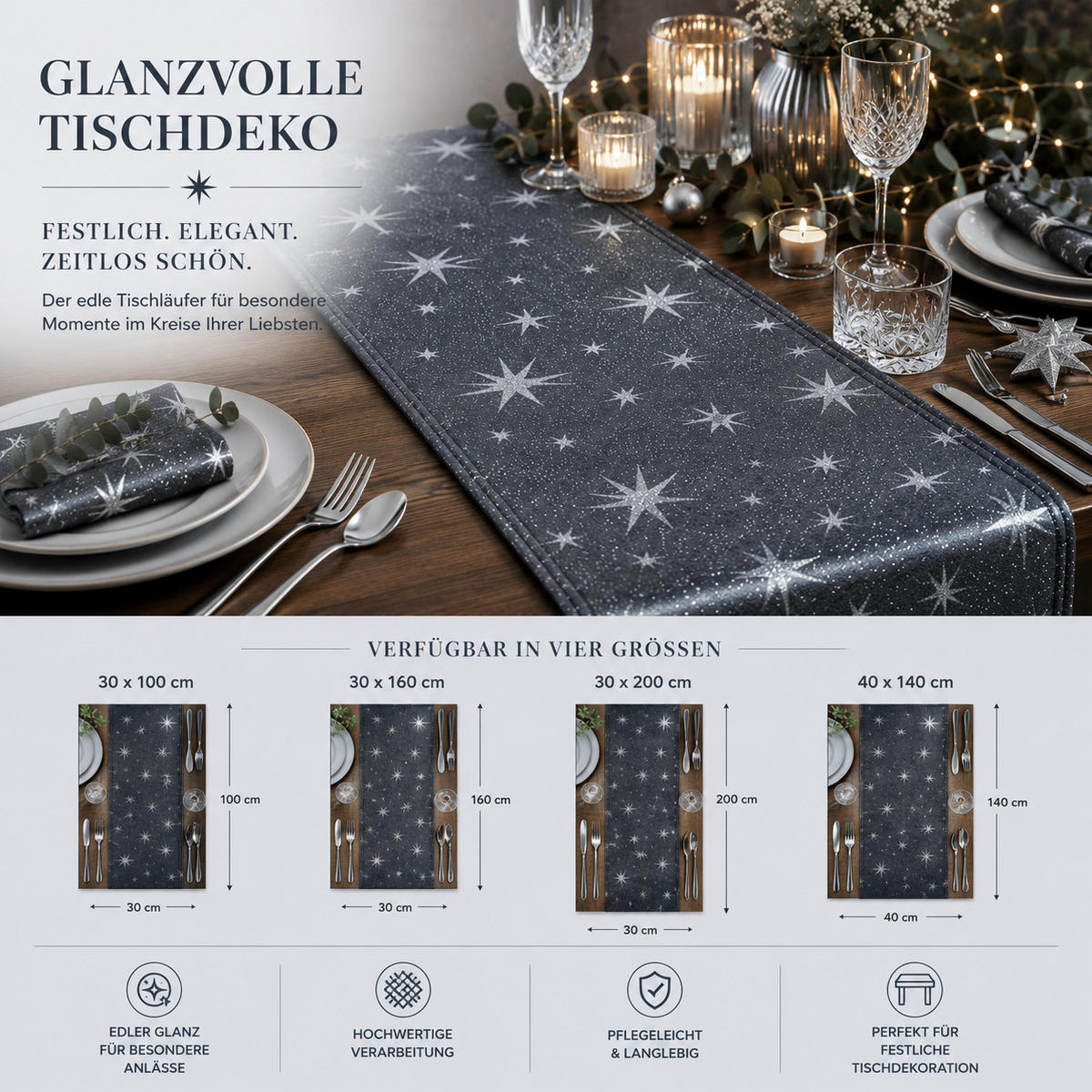 TISCHLÄUFER 30/160 cm Lurex Sterne Grau - Grau, Textil (30/160cm) - TiborTex