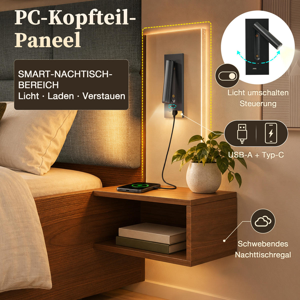 POLSTERBETT 180x200 cm Walnuss/Grau mit Leinen-Kopfteil, LED, USB-Anschlüssen und Nachttischen - Grau, Textil (180/200cm) - Modfu