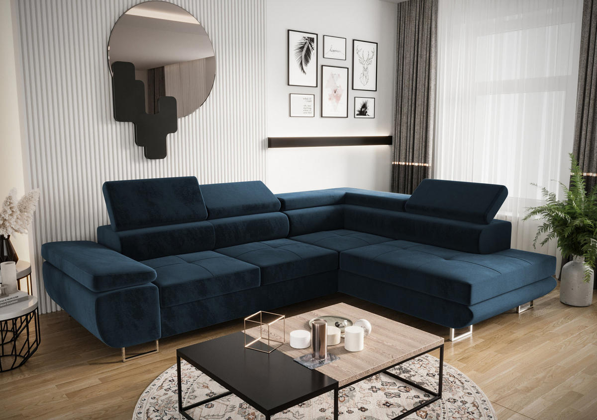 ECKSOFA PRAGA DESIGN L, Eckcouch in L-Form mit Schlaffunktion, Farbe: Blau, Velourstoff, Ottomane Universal - Blau, Textil (275/202cm) - O-Sofa