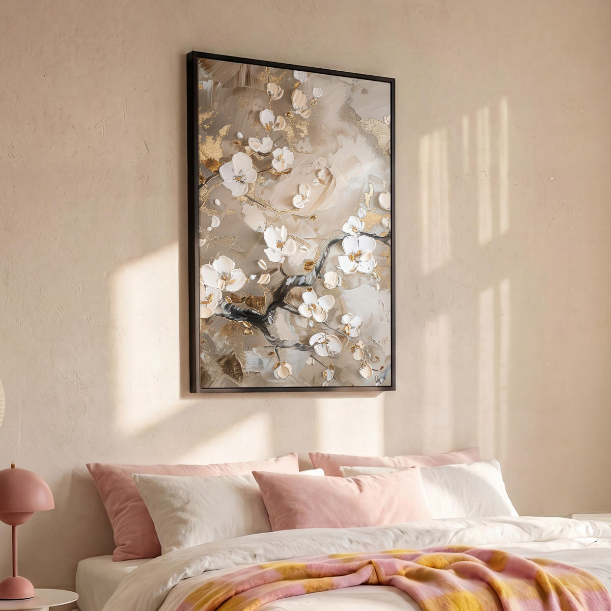 LEINWAND Bilder mit Rahmen - Blumen - Weiß - Gold - Beige - Luxus - 100x150 - Greige, Textil (100/150cm) - MuchoWow