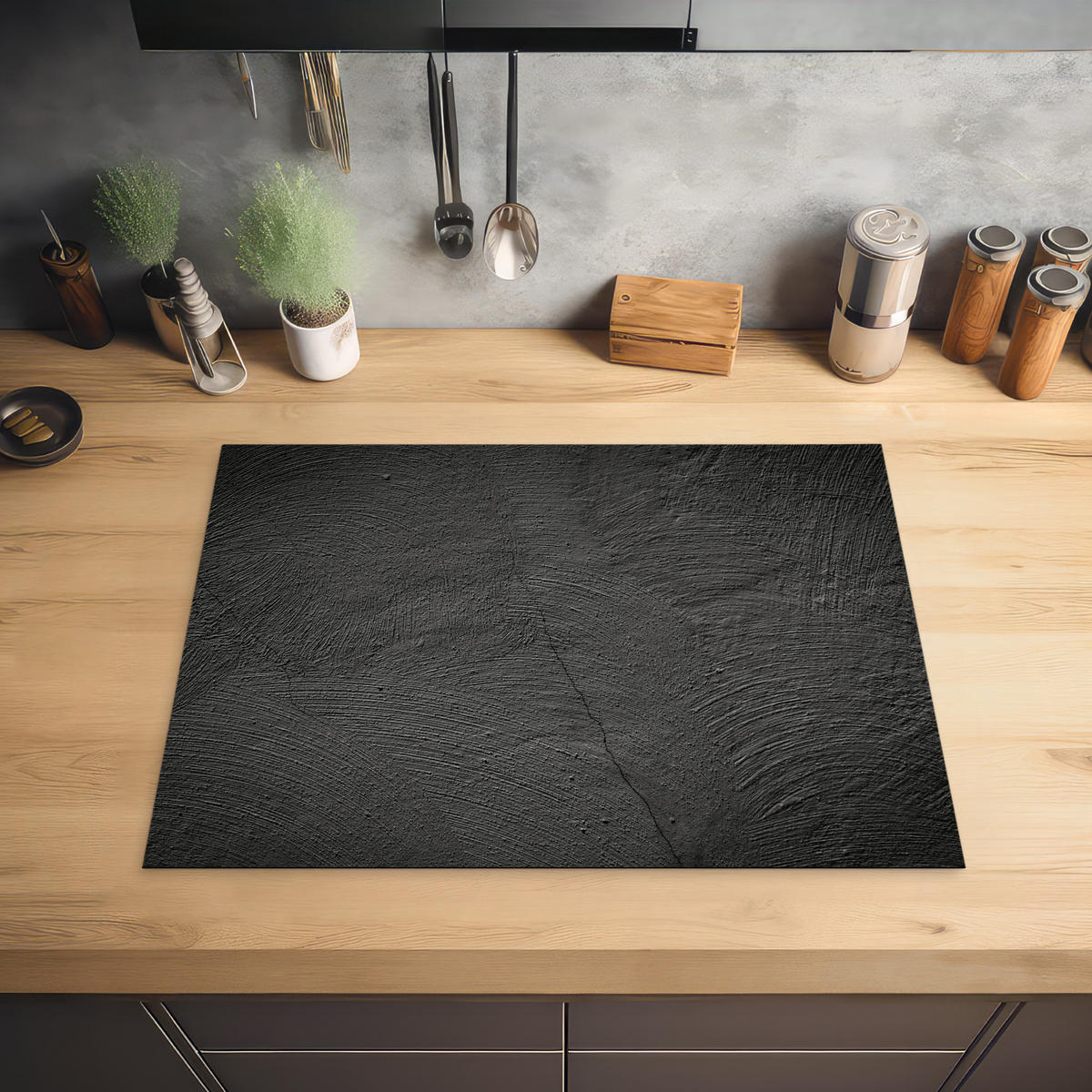 HERDABDECKPLATTE Beton - Schwarz - Industriell Herdabdeckung Induktionsfeld 70x52 cm - Anthrazit, Kunststoff (70/52/0.2cm) - MuchoWow
