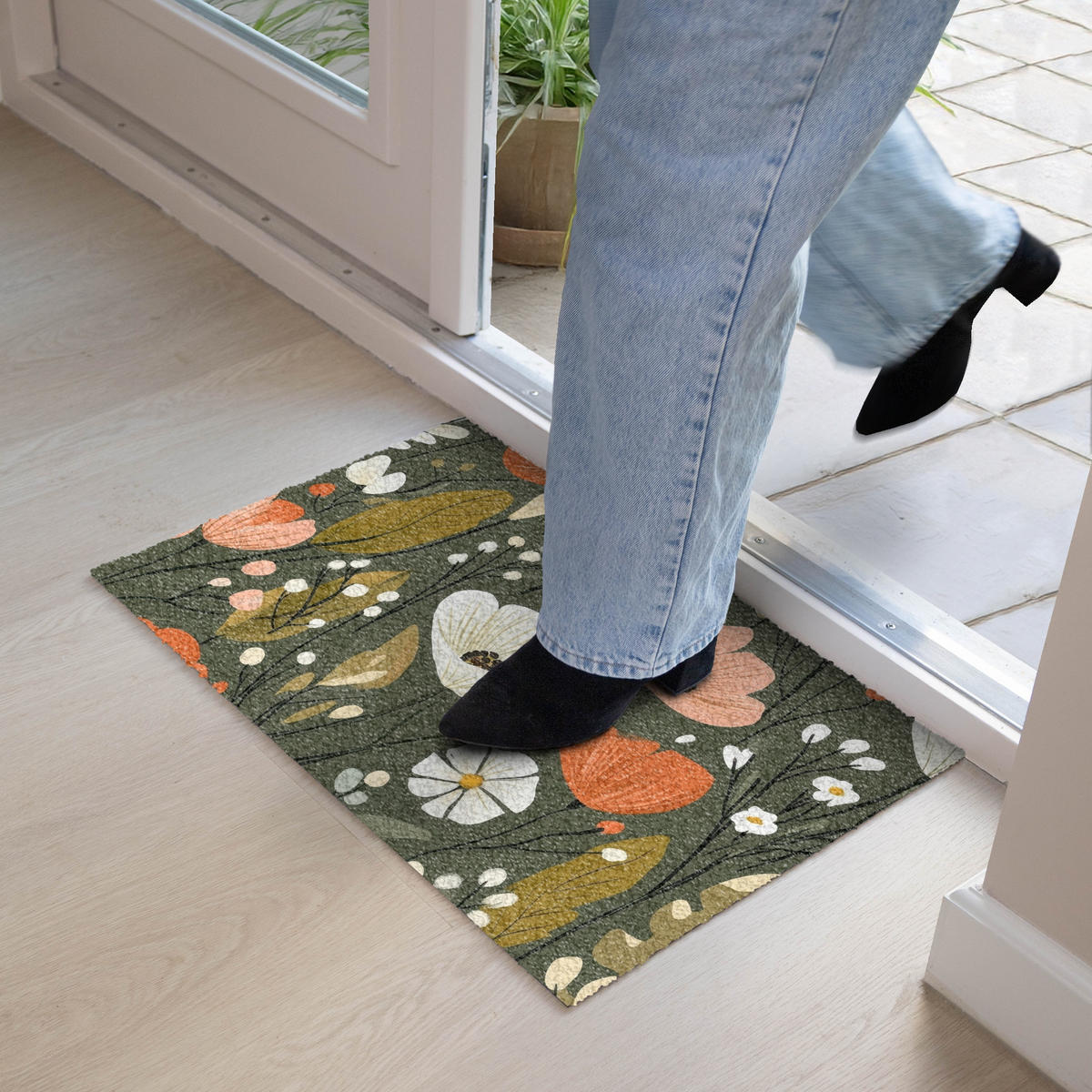 FUSSMATTE Blumen - Illustration - Grün 60x40 cm - Dunkelgrün, Kunststoff (60/0.4cm) - MuchoWow