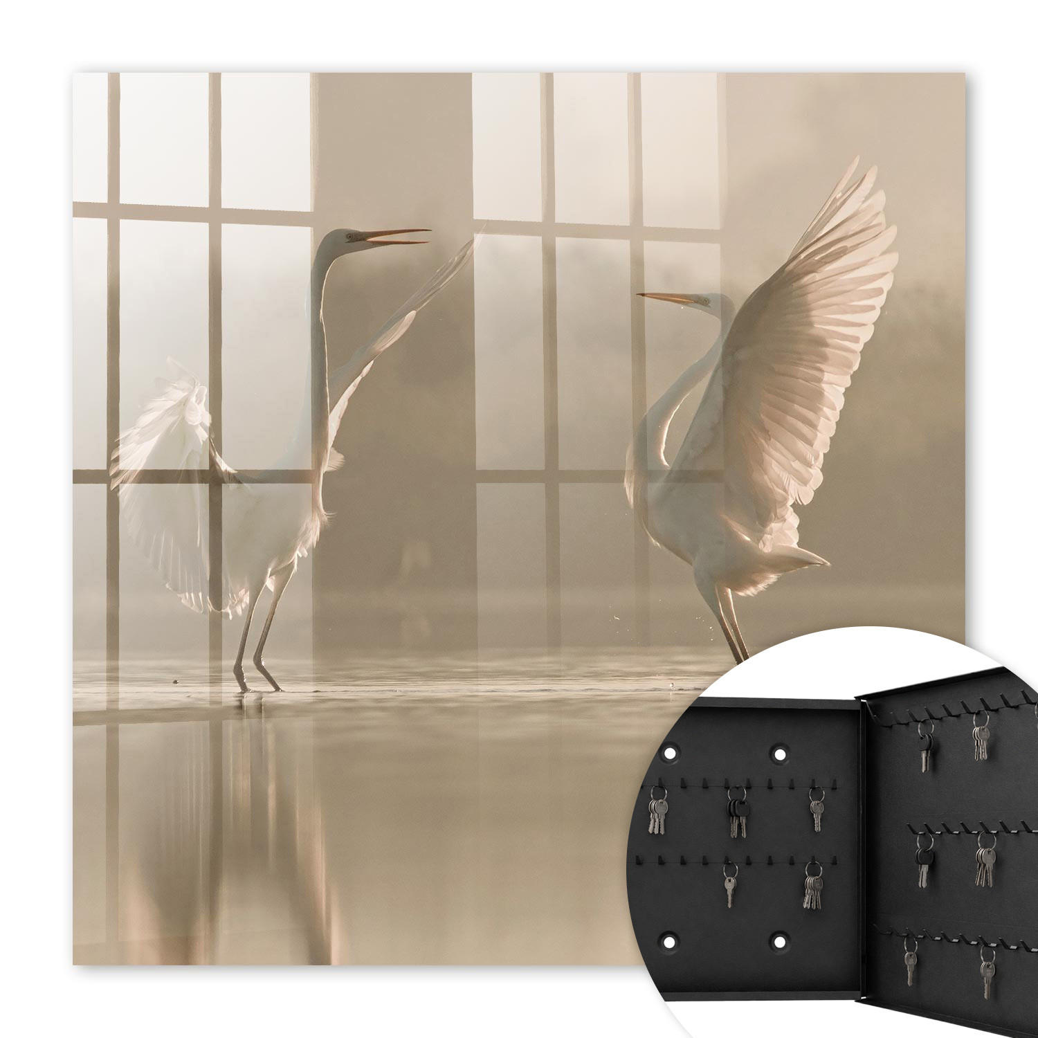 SCHLÜSSELBOX Schwarz 30x30 cm- Türöffnung nach rechts - Vogeltanz - Beige, Metall (30/30/5cm) - TULUP