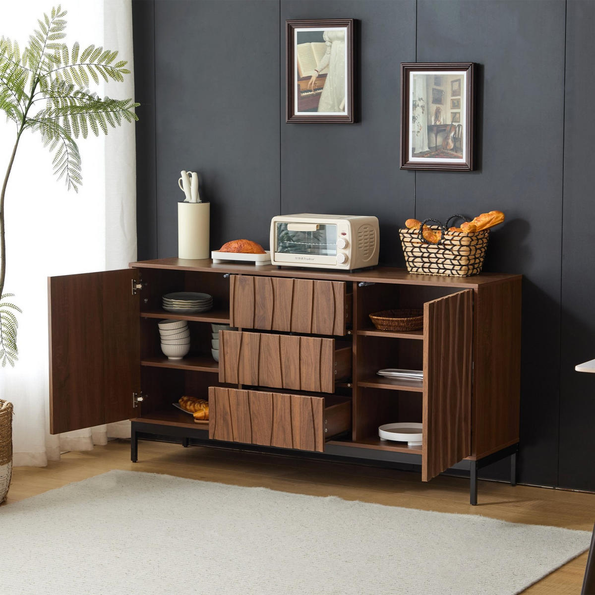SIDEBOARD 150 cm, 3 Schubladen, Mid-Century, Eiche Dunkel - Kastanienfarben, Holz (150/80/40cm)
