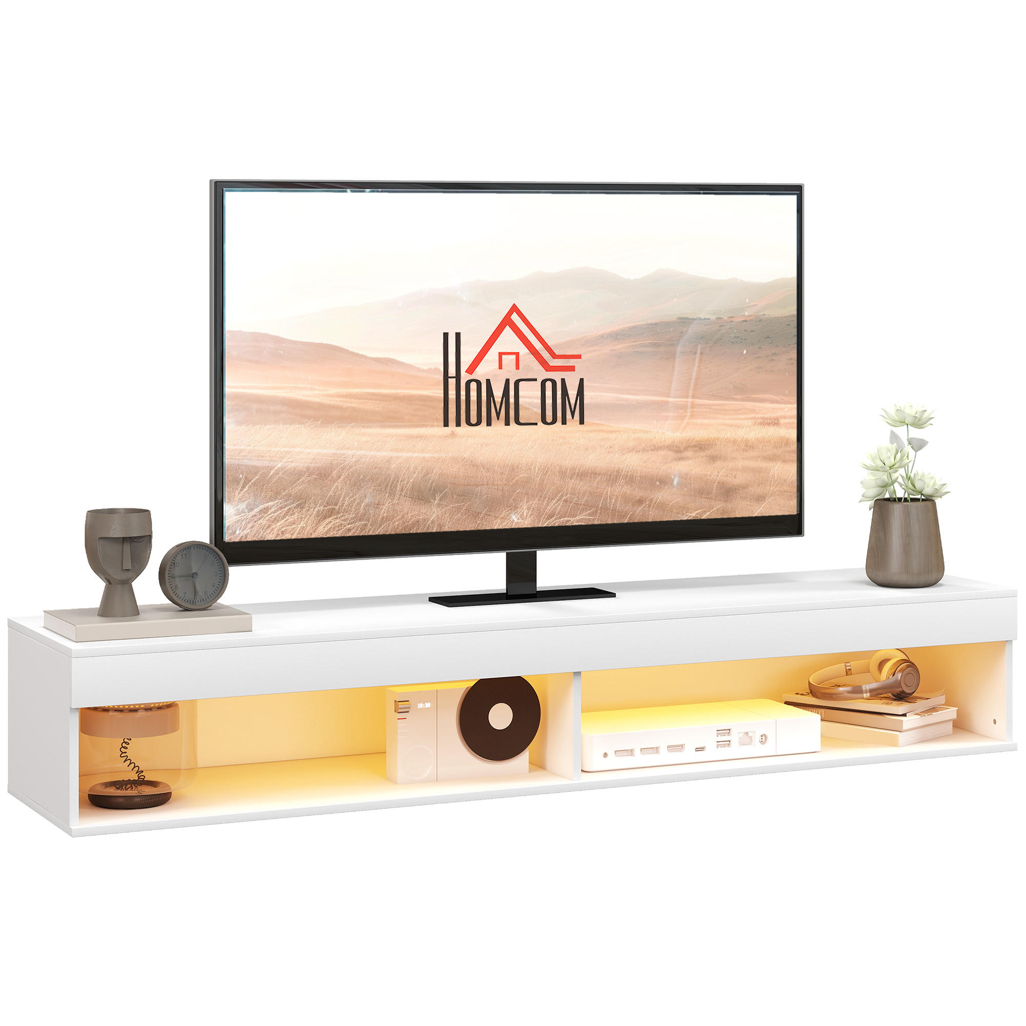 TV-LOWBOARD Weiß 180/40/30 cm, Hängend, LED-Beleuchtung, 2 Klappen - Weiß, Holz (180/30/40cm) - PANGIVO