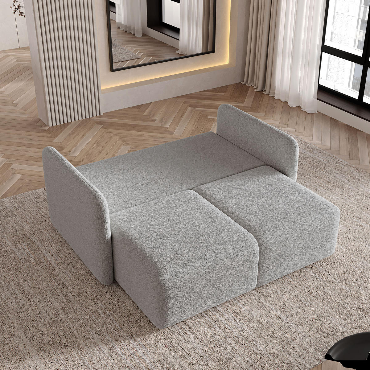 BETTSOFA SUVI II Q Hellgrau Bucle-Stoff mit Schlaffunktion - Hellgrau, Textil (90/85/153cm) - MASSENO