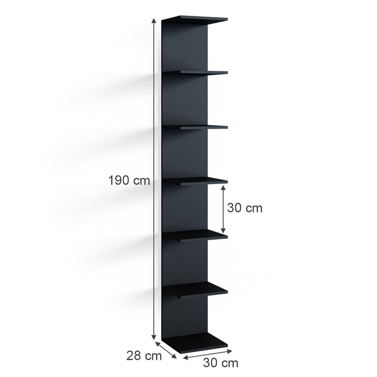 STENSKA POLICA Paolo Črna 30 x 190 cm - črna, leseni material (30/190/28cm) - Vicco