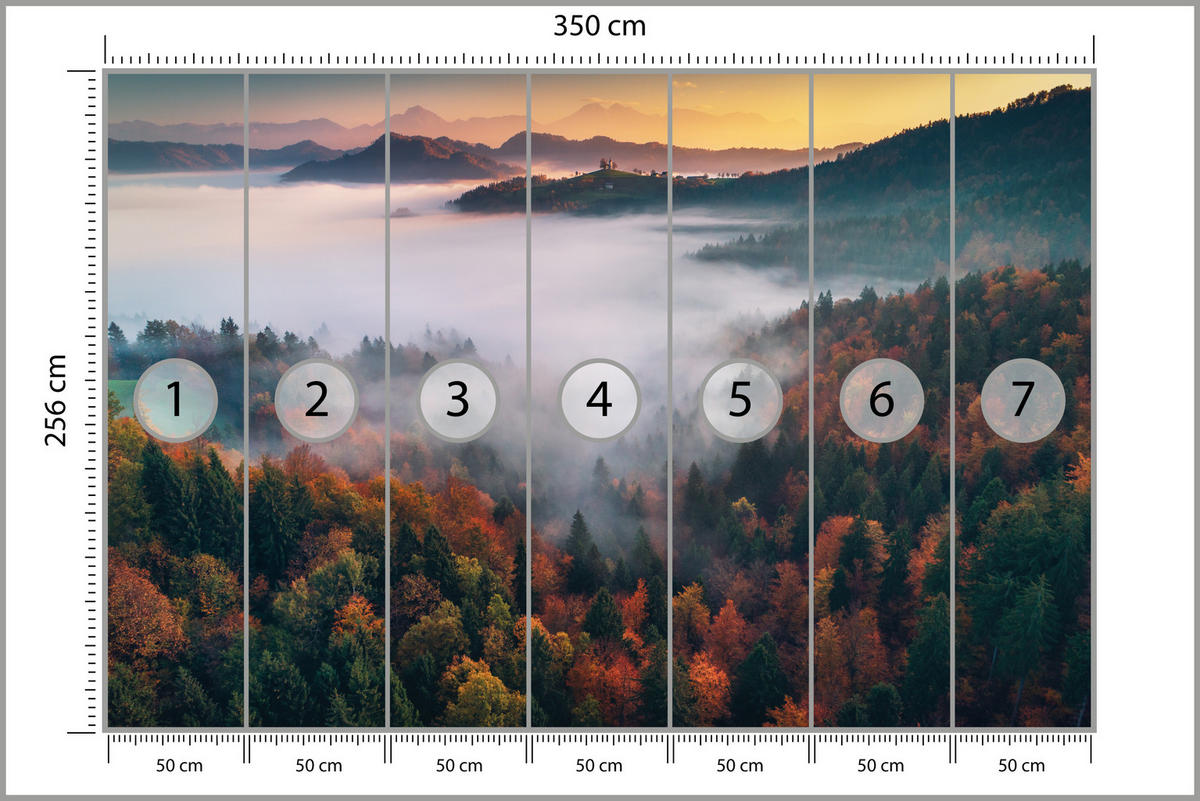 FOTOTAPETE für Wohnzimmer Nebelwald Sonnenuntergang Berge Bäume 350x256 - Beige/Rot, Papier (350/256cm) - Muralo
