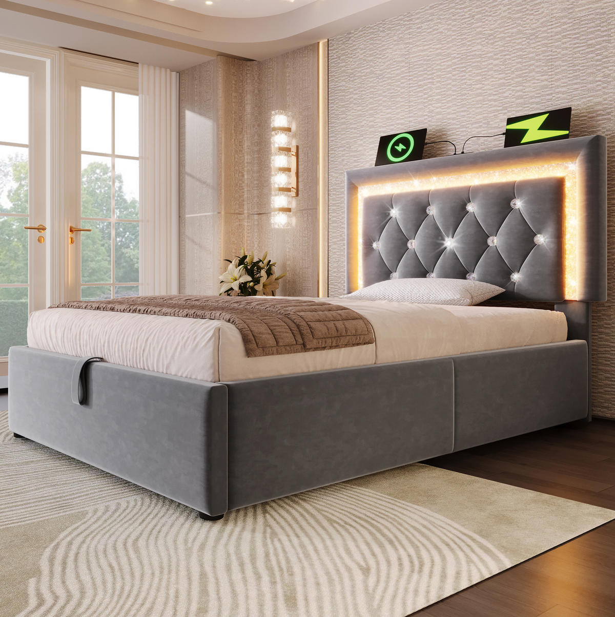 POLSTERBETT 90/200 cm Grau aus Samt mit LED-Beleuchtung und Stauraum - Grau, Textil (90/200cm) - Flora Grace