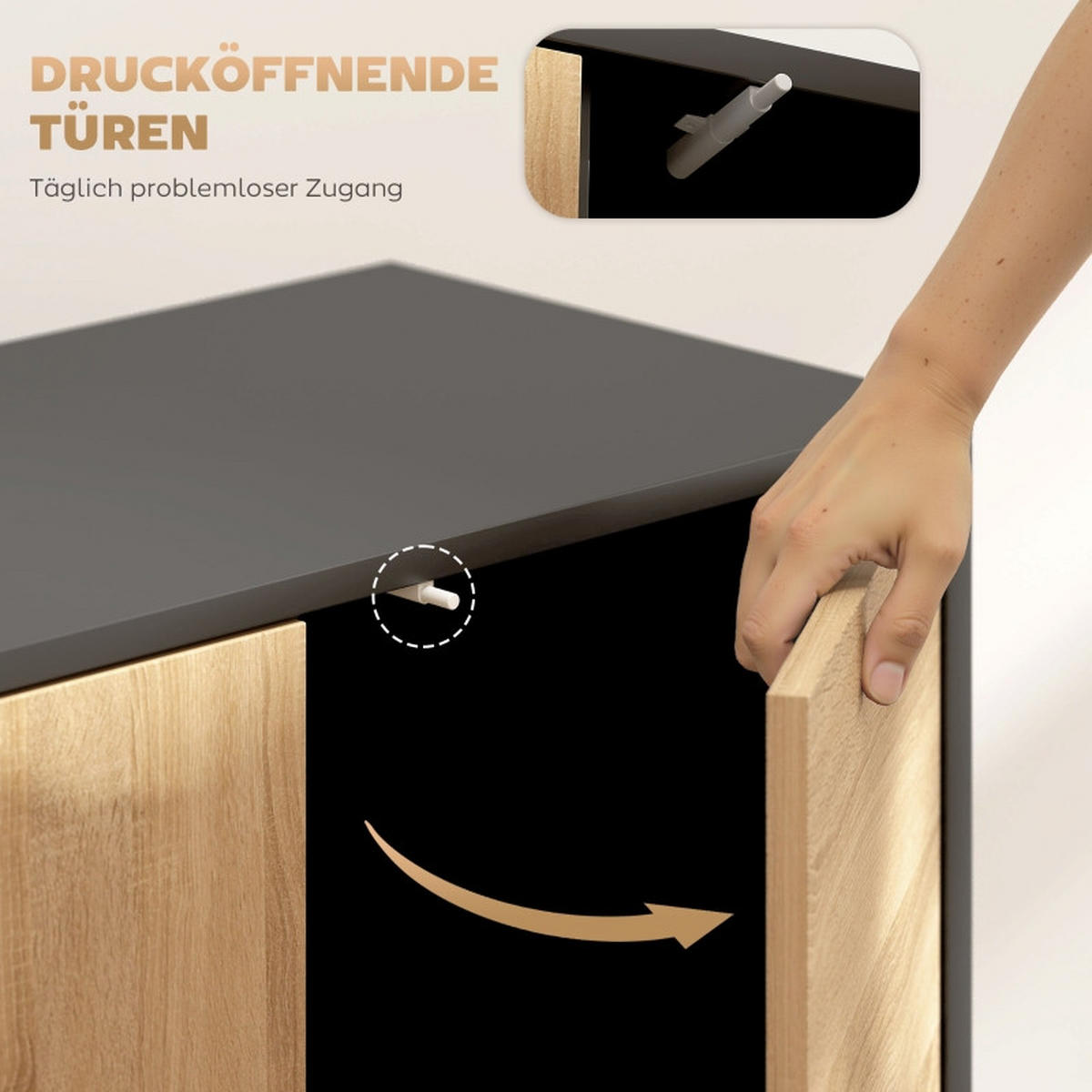 SIDEBOARD mit Push-to-Open Türen und Metallbeinen in Schwarz/Naturholzoptik - Schwarz, Holz (60/78/35cm) - BEAOK