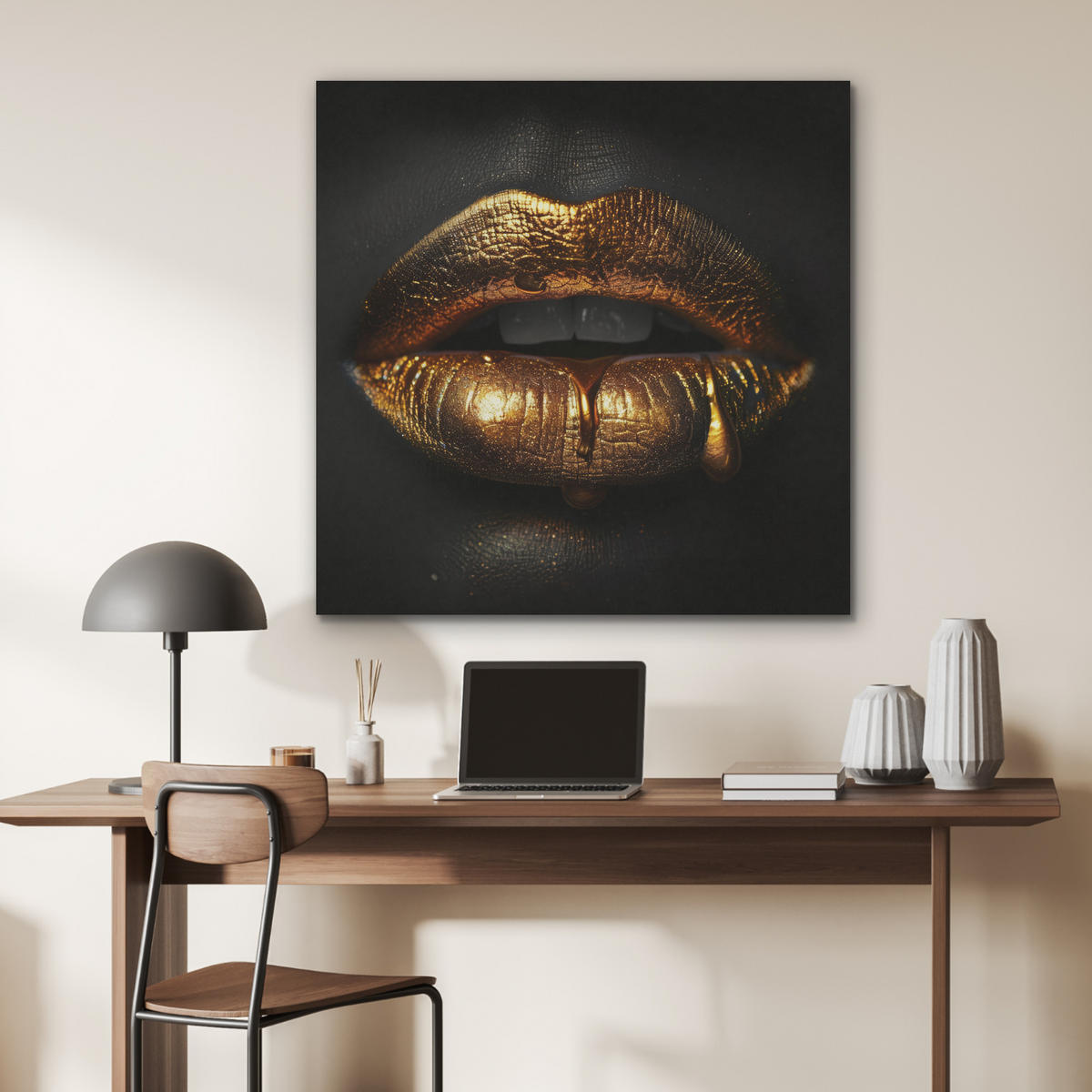 AKUSTIKPANEEL Frau - Porträt - Lippen - Gold - Schwarz 90x90 cm - Schwarz, Textil (90/0.9/90cm) - MuchoWow