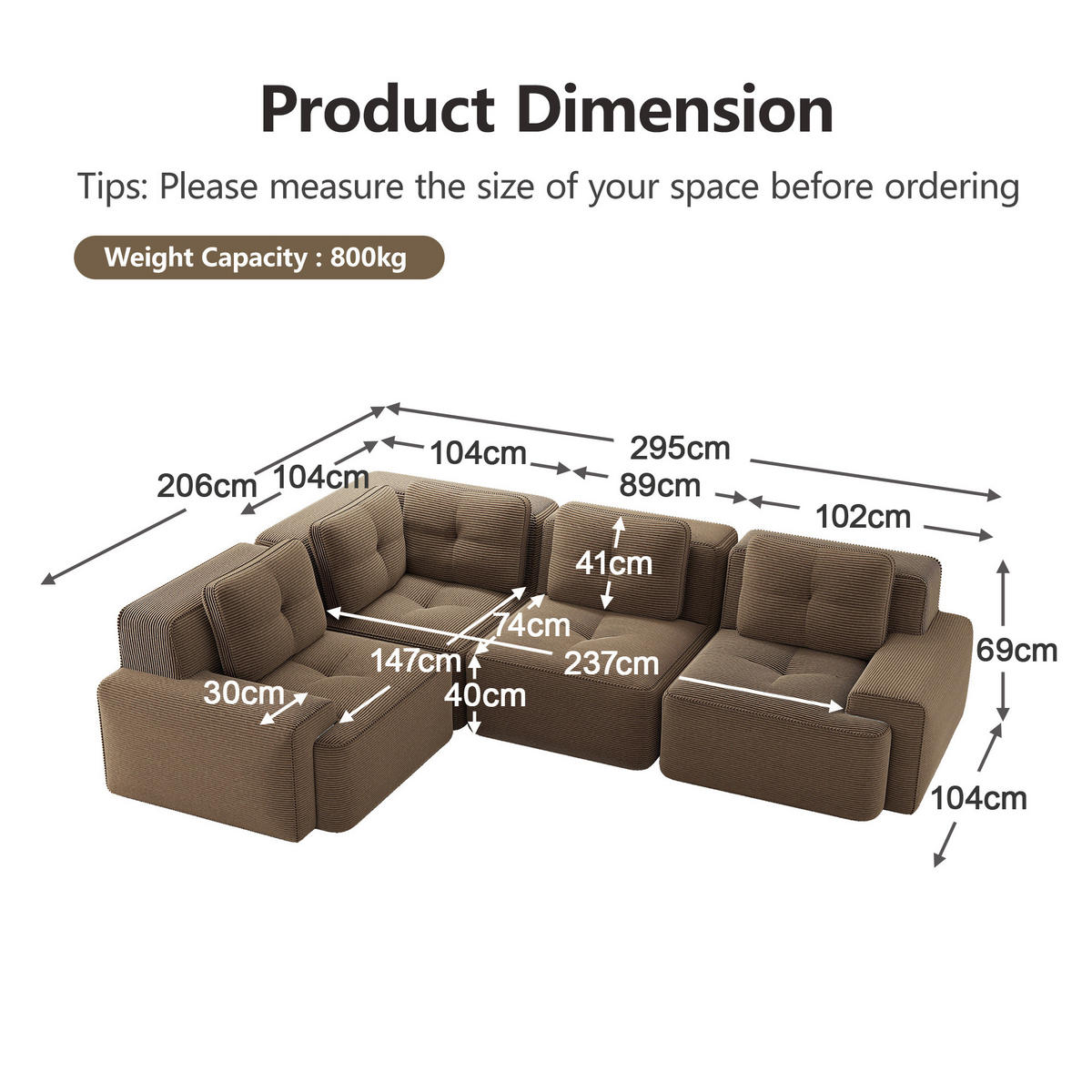 ECKSOFA 295/206/69 cm braun aus Cord mit modularem Design und rutschfestem Standfuß - Braun, Textil (104/382cm) - OKWISH