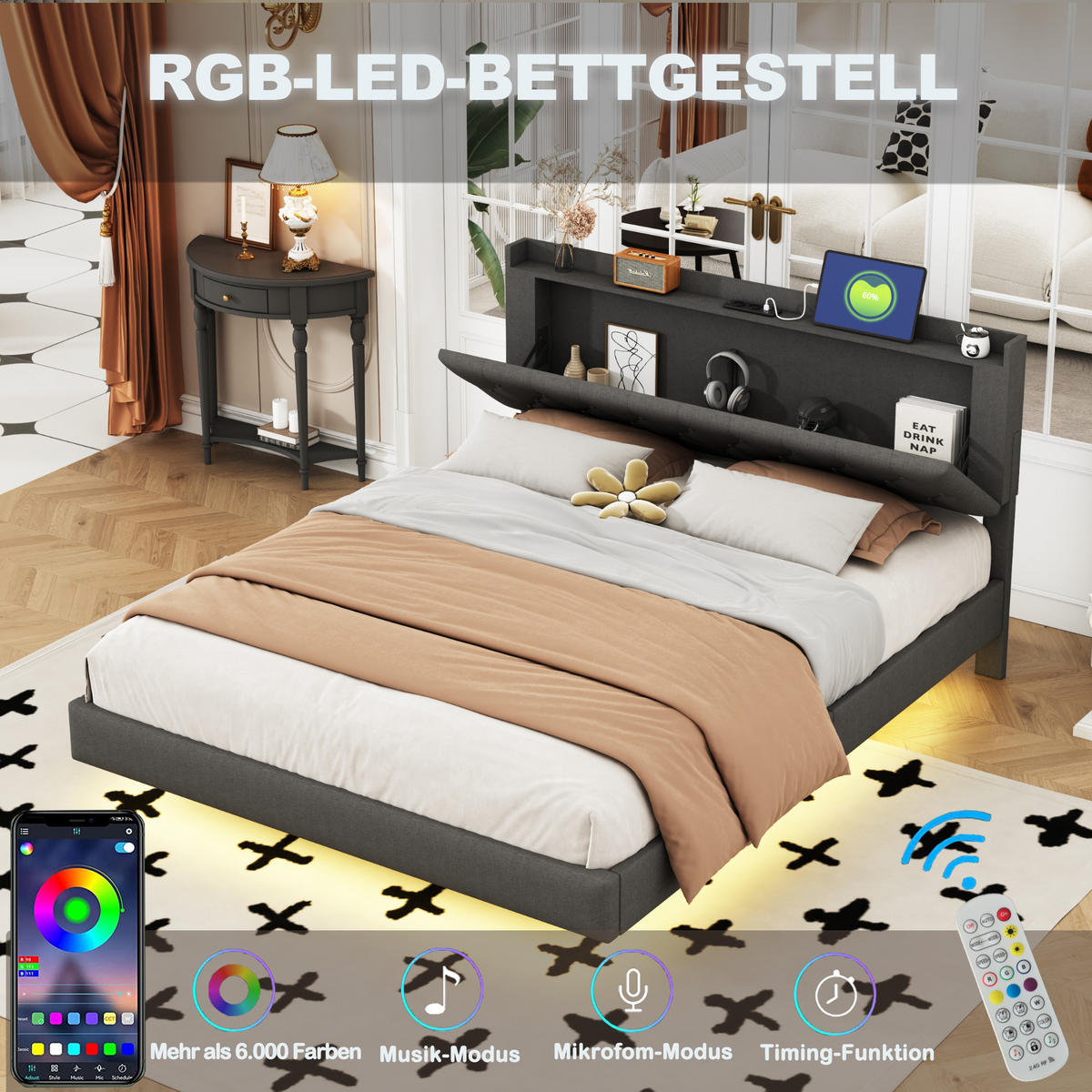 POLSTERBETT 160x200 cm LED USB grau - Grau, Textil (160/200cm) - LEBENLANG