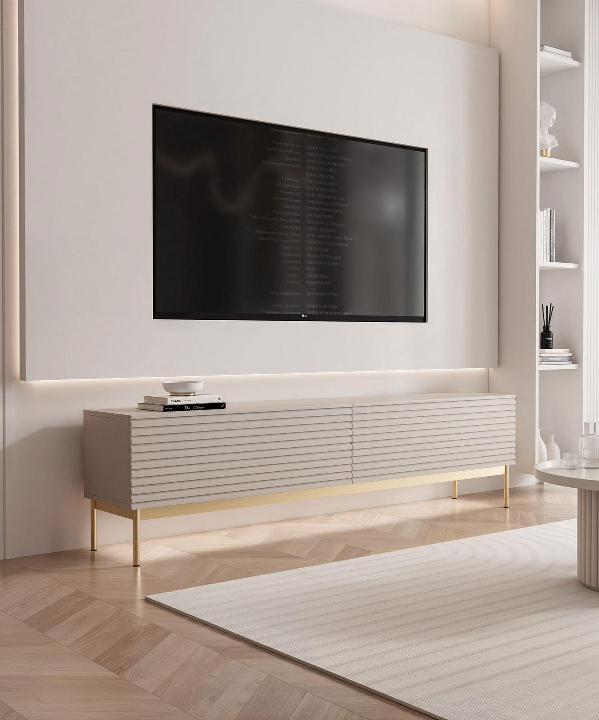 TV stolík Linearis kašmírovo sivý 175/46/30 cm - zlatá/taupe, kov/kompozitné drevo (175/46.2/30cm) - Selsey