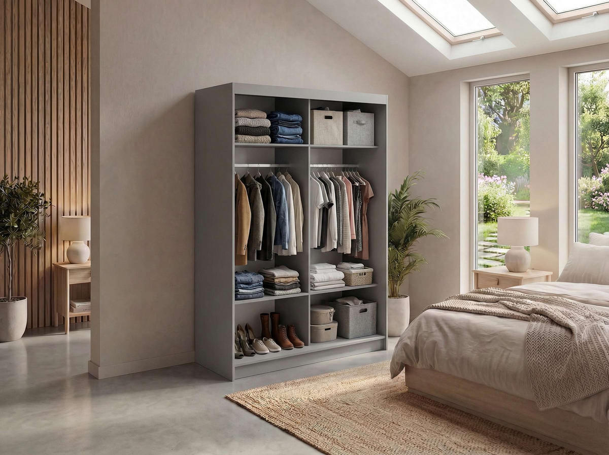SCHWEBETÜRENSCHRANK mit Spiegel - WALENCJA - 150 - Grau lacobel - Alufarben/Grau, Holzwerkstoff/Metall (150/216/61cm) - MKS
