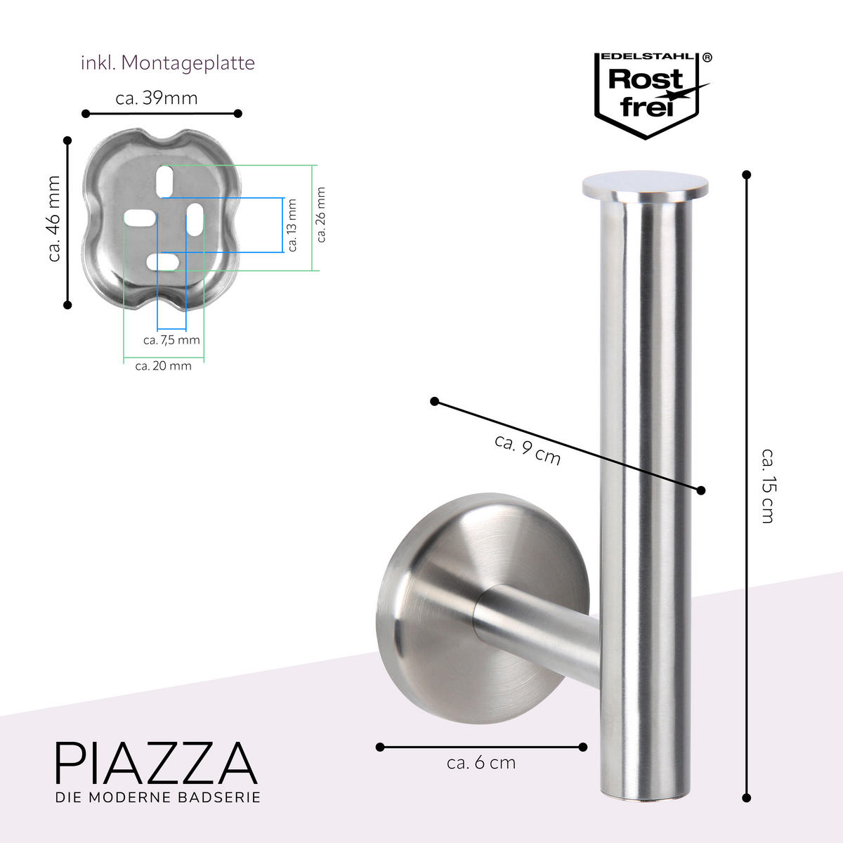 TOILETTENPAPIERHALTER PIAZZA Edelstahl, inkl. Klebeset - Silberfarben, Metall (6/15/9cm) - bremermann
