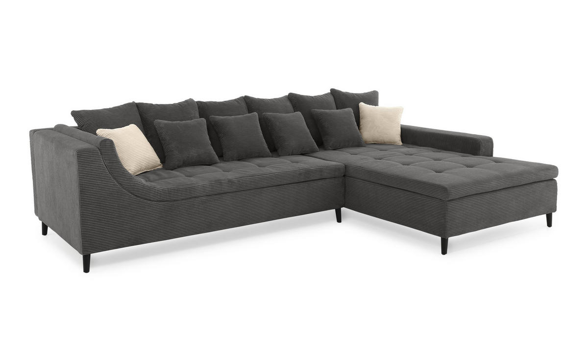 ECKSOFA mit dekorativen Steppungen und Rutschenlehne, seitenverkehrt montierbar B326/T213/H91 cm, Cord Grau Anthrazit / 15222 - Schieferfarben/Anthrazit, Textil/Metall (326/213cm) - luma-home