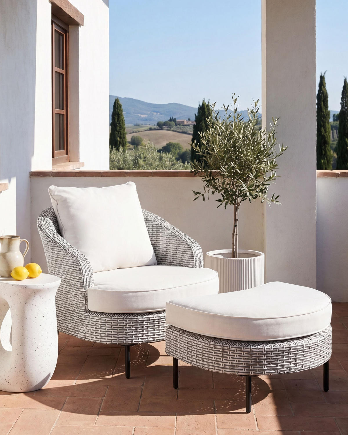 GARTENSESSEL mit Ottomane Polyrattan Grau Arcille - Grau, Kunststoff (80/80/93cm) - Beliani