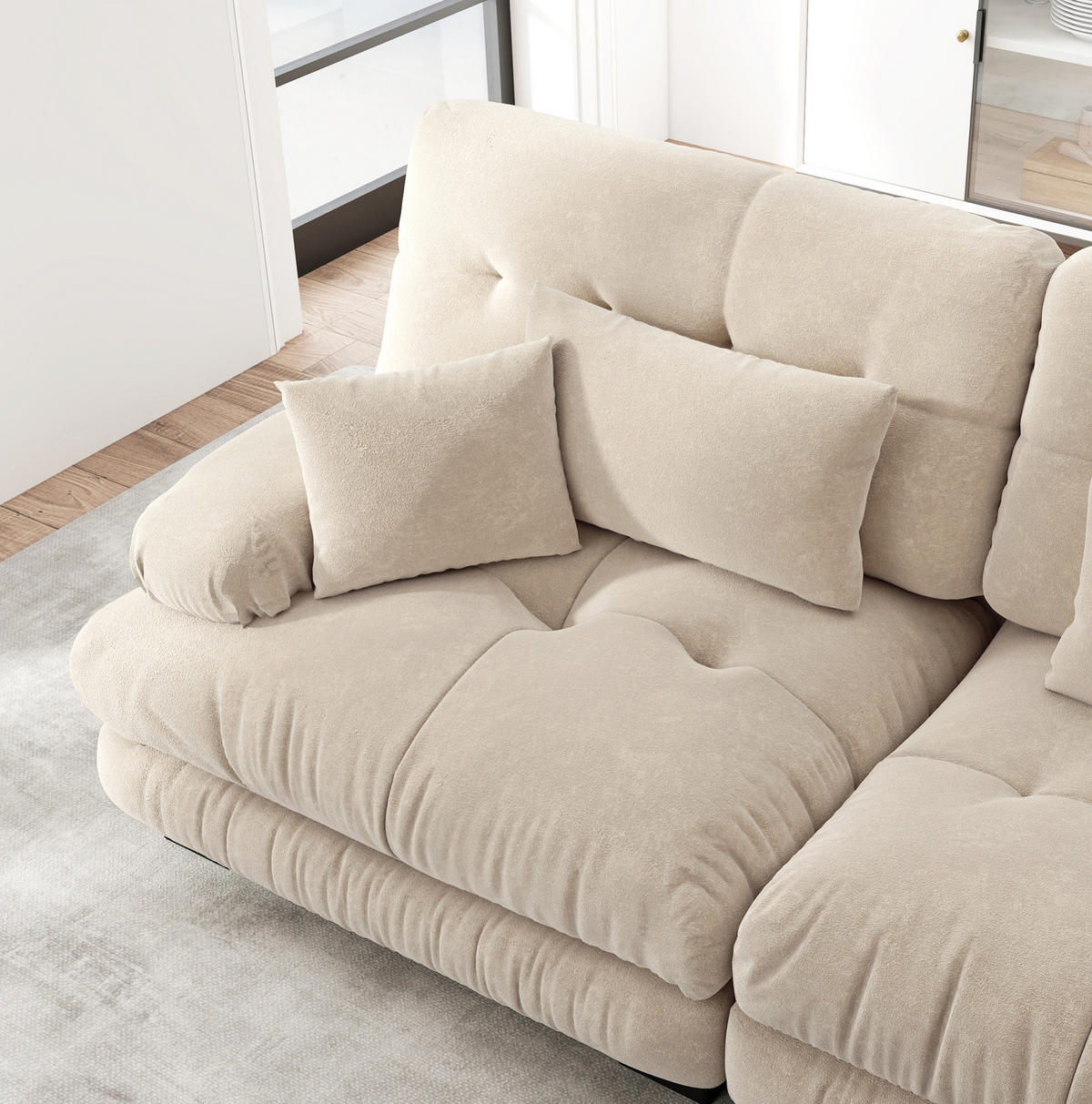 ECKSOFA aus Chenille Hellbraun mit beweglichen Ottomane-Elementen, breiten Armlehnen und Zierkissen - Cappuccino, Textil (220/145cm) - Modfu
