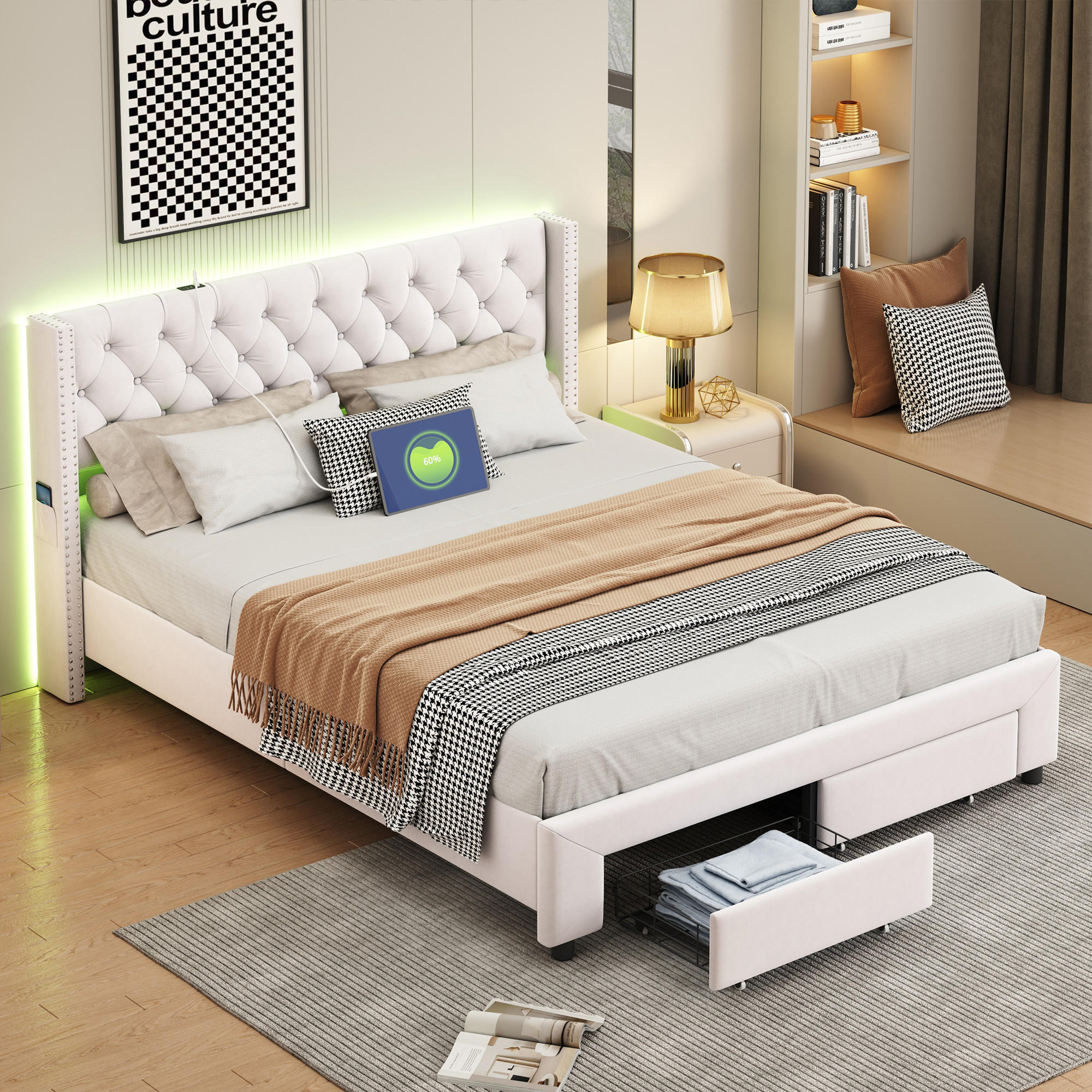 POLSTERBETT 160x200 cm, Beige, LED-Beleuchtung und USB, Samt - Beige, Textil/Metall (160/200cm)