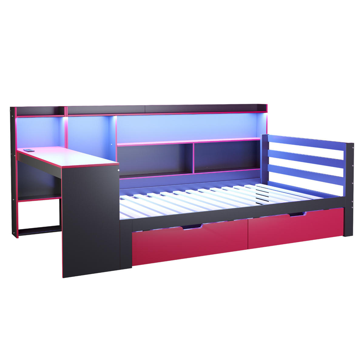 KREVET 90/200 cm s radnim stolom, policama, ladicama i LED osvjetljenjem, drveni okvir, Crna + Crvena - crna, drvni materijal (90/200cm) - Redom