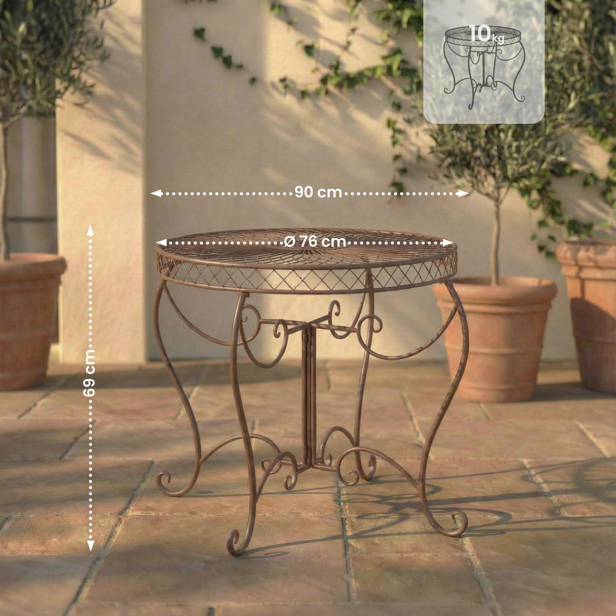 GARTENTISCH rund Ø90 cm Metall antik braun - Braun, Metall (90/90/69cm) - CLP