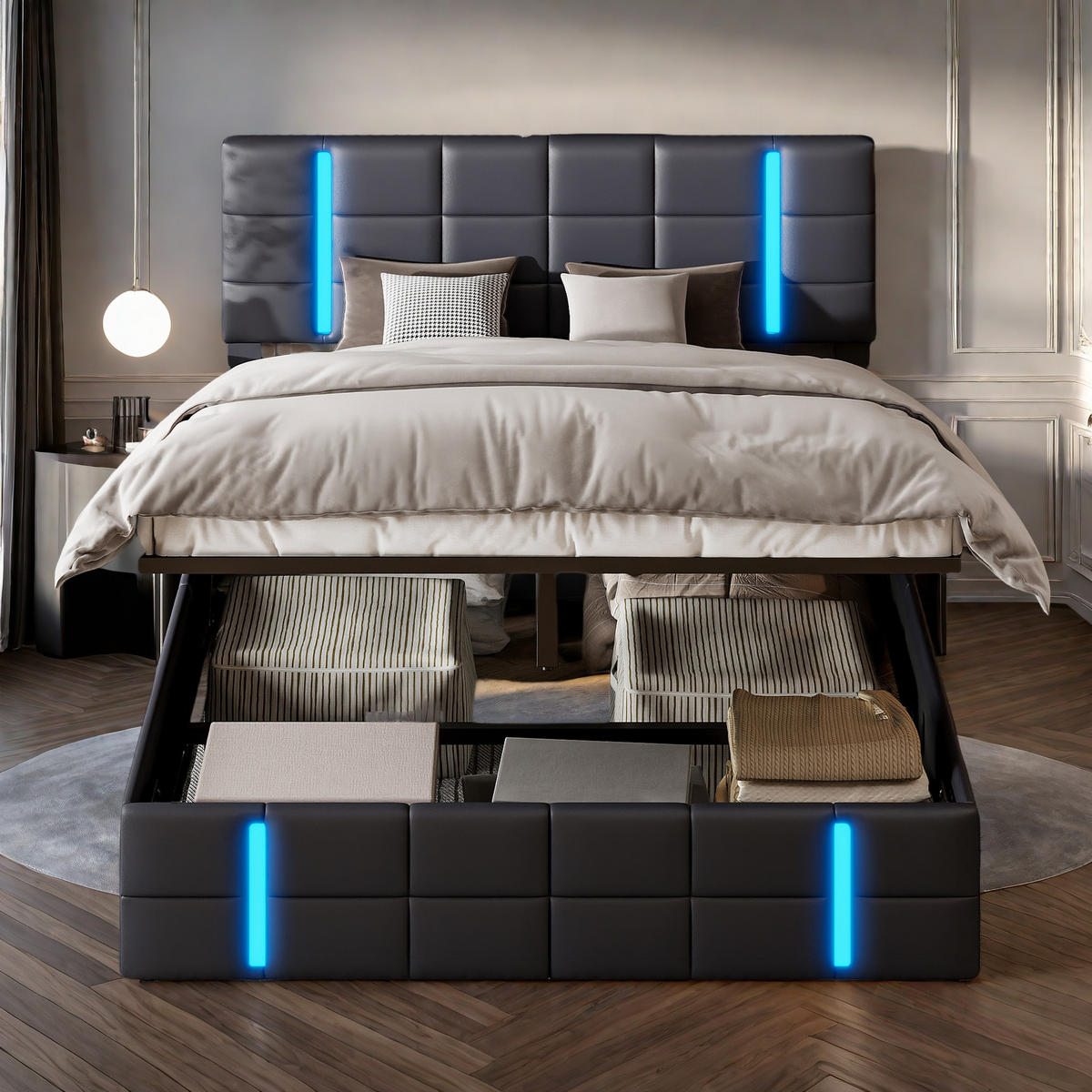 POLSTERBETT 140x200 cm Schwarz mit LED USB Stauraum - Schwarz, Metall (140/200cm) - SHOPENTRA