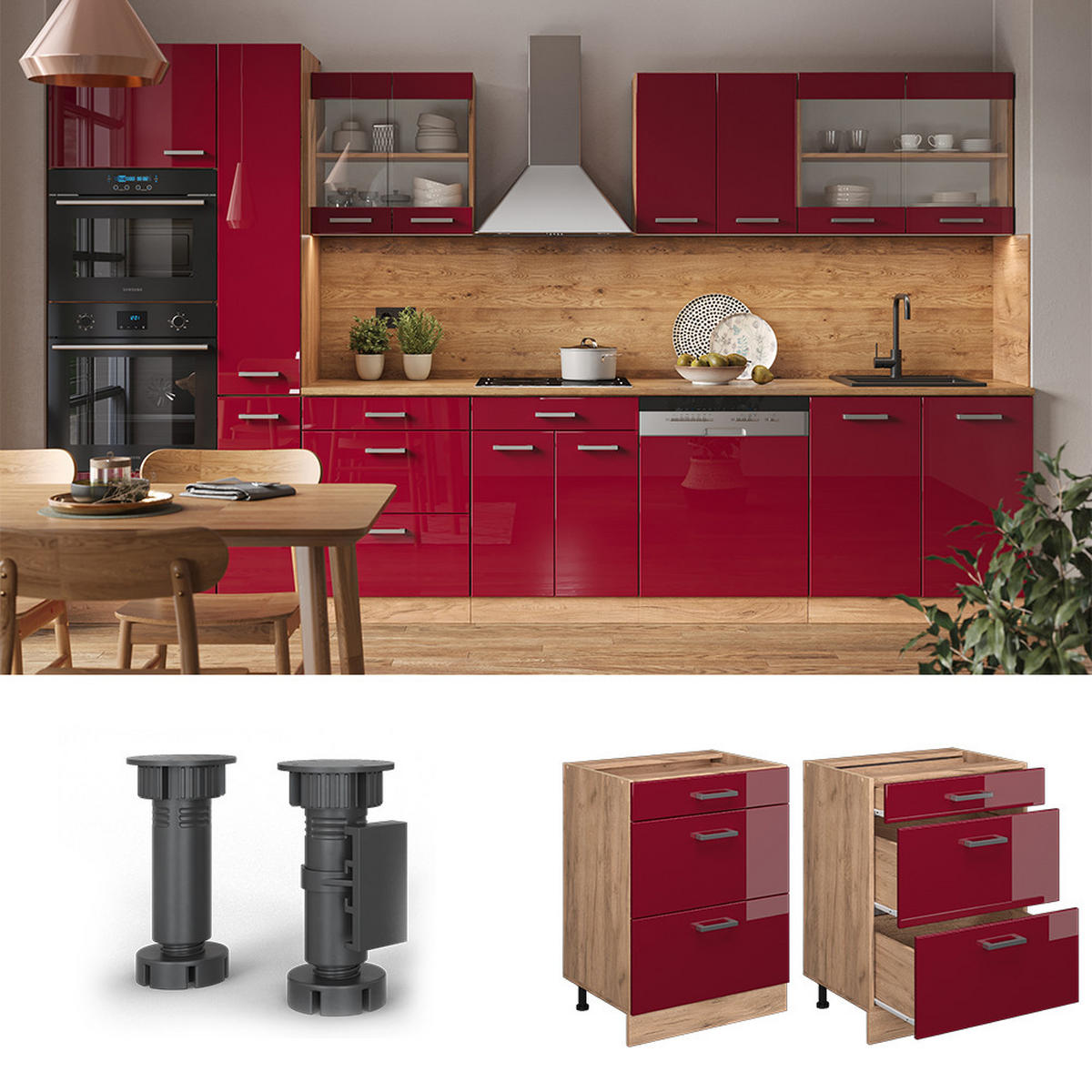 KÜCHENUNTERSCHRANK R-Line Rot Hochglanz 60 cm AP Marmor - Eiche Wotan/Rot, Holzwerkstoff (60/81.6/60cm) - Vicco