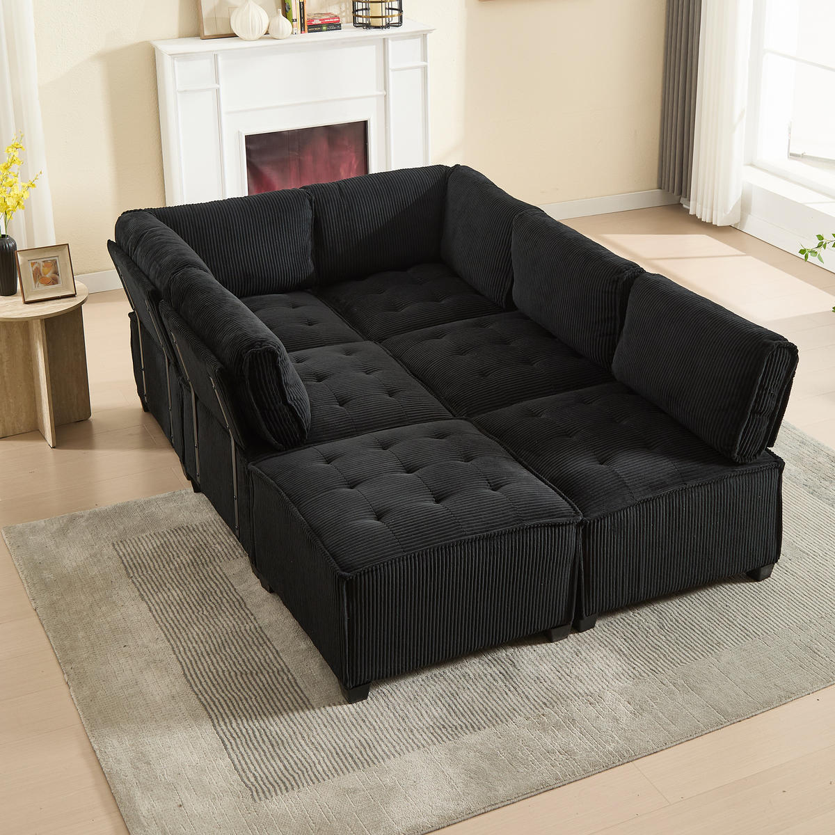 WOHNLANDSCHAFT 308/154/82 cm Schwarz mit Stauraumtaschen und Fußbank - Schwarz, Textil (308/82/154cm) - Oxeza