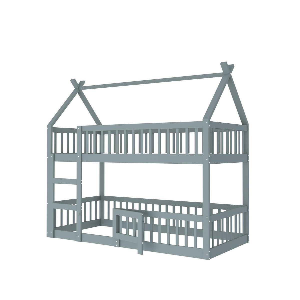 HAUSBETT 90/200 cm aus Holz mit Treppe und Rausfallschutz in Grau - Grau, Holz (90/200cm) - BEAOK