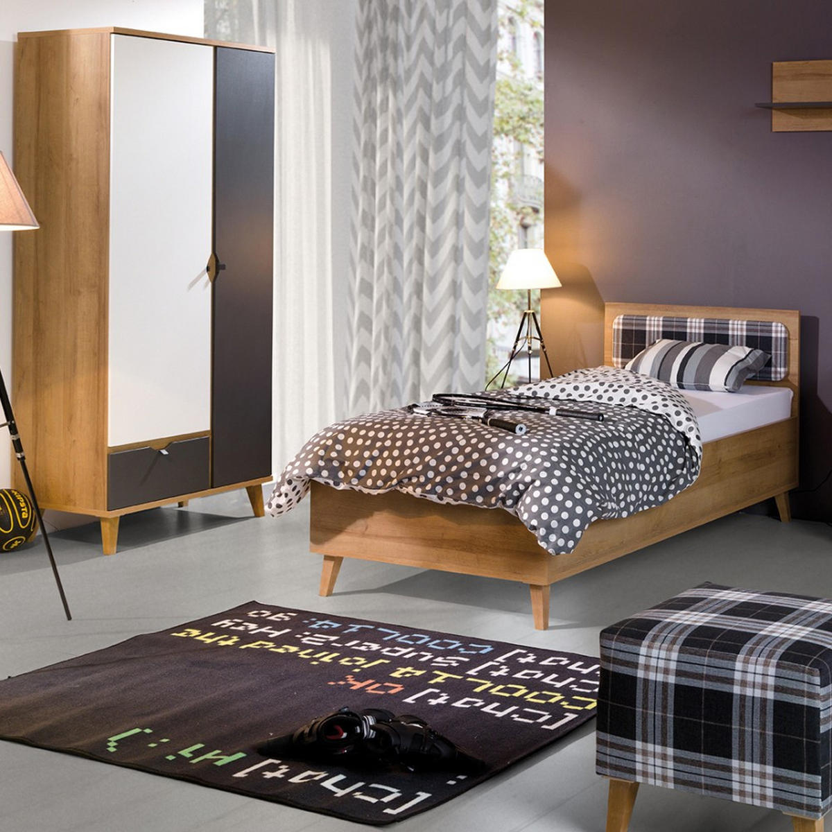 DREHTÜRENSCHRANK Moreno mit 2 Türen und 1 Schublade, Eiche gold/mattweiß/graphit - Eichefarben/Graphitfarben, Holzwerkstoff/Kunststoff (90/200/52cm) - Beautysofa