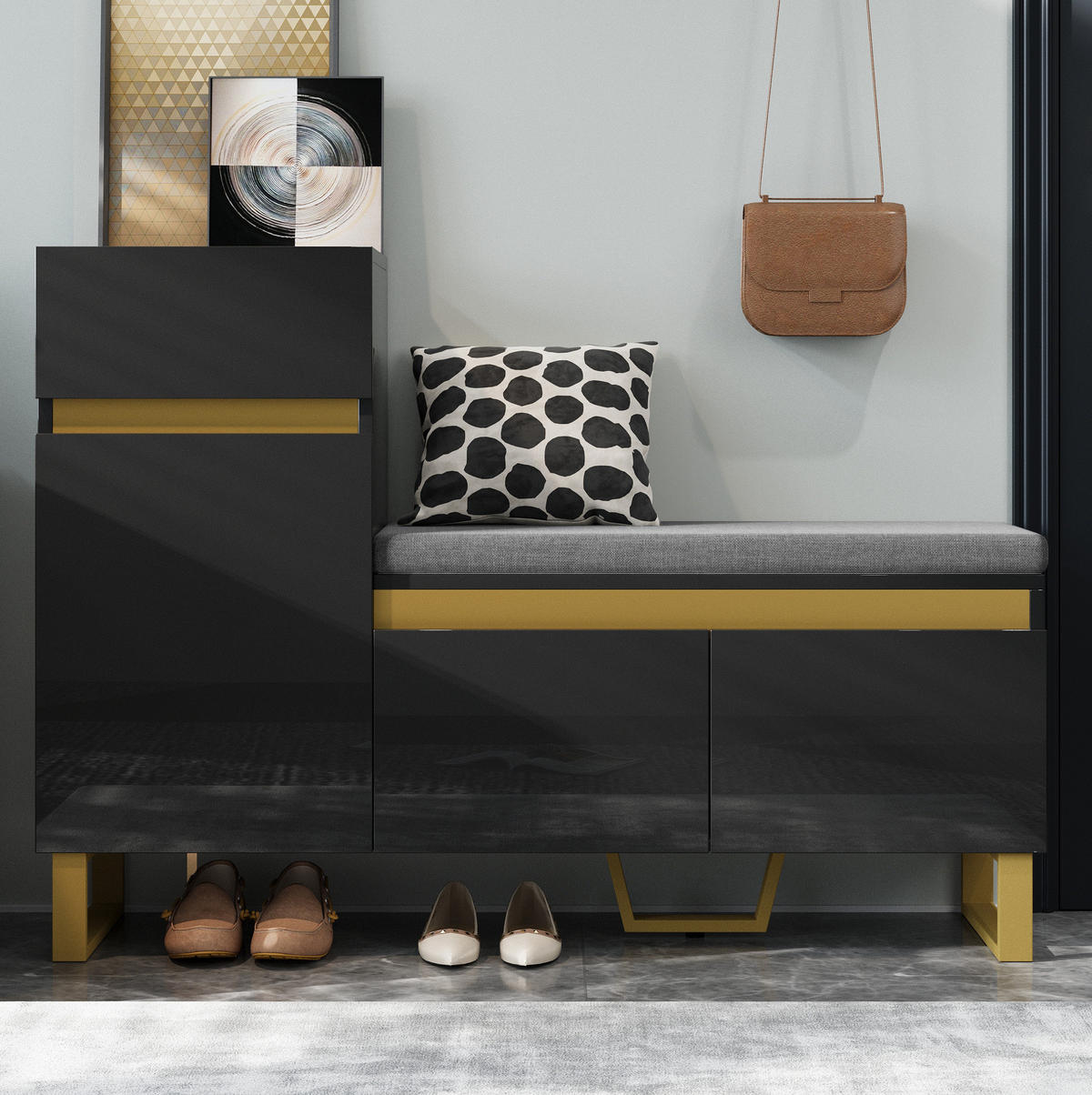 SCHUHSCHRANK aus MDF 120x35x85cm in Schwarz mit Sitzbank & Schublade - Schwarz, Holzwerkstoff (120/85/35cm) - Modfu