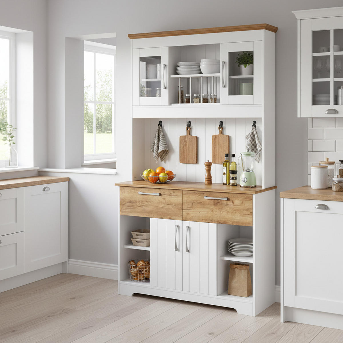 HIGHBOARD in Weiß und Holzoptik, viel Stauraum und mit Vitrinenfächern - Weiß, Holzwerkstoff (106/176.5/39cm) - Urban Meuble